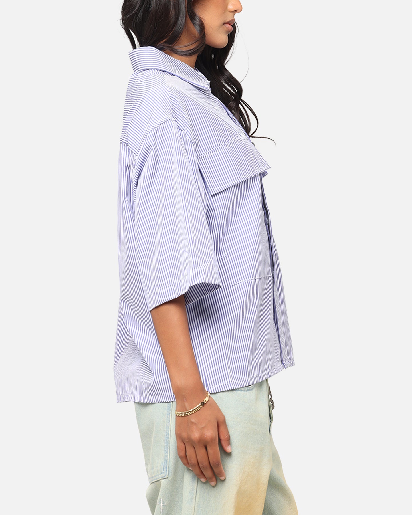 MNML Cropped Striped Short Sleeve Shirt Blue Style001