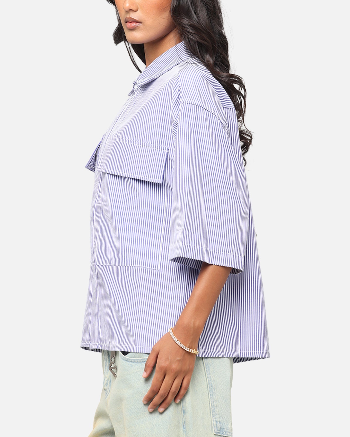 MNML Cropped Striped Short Sleeve Shirt Blue Style001