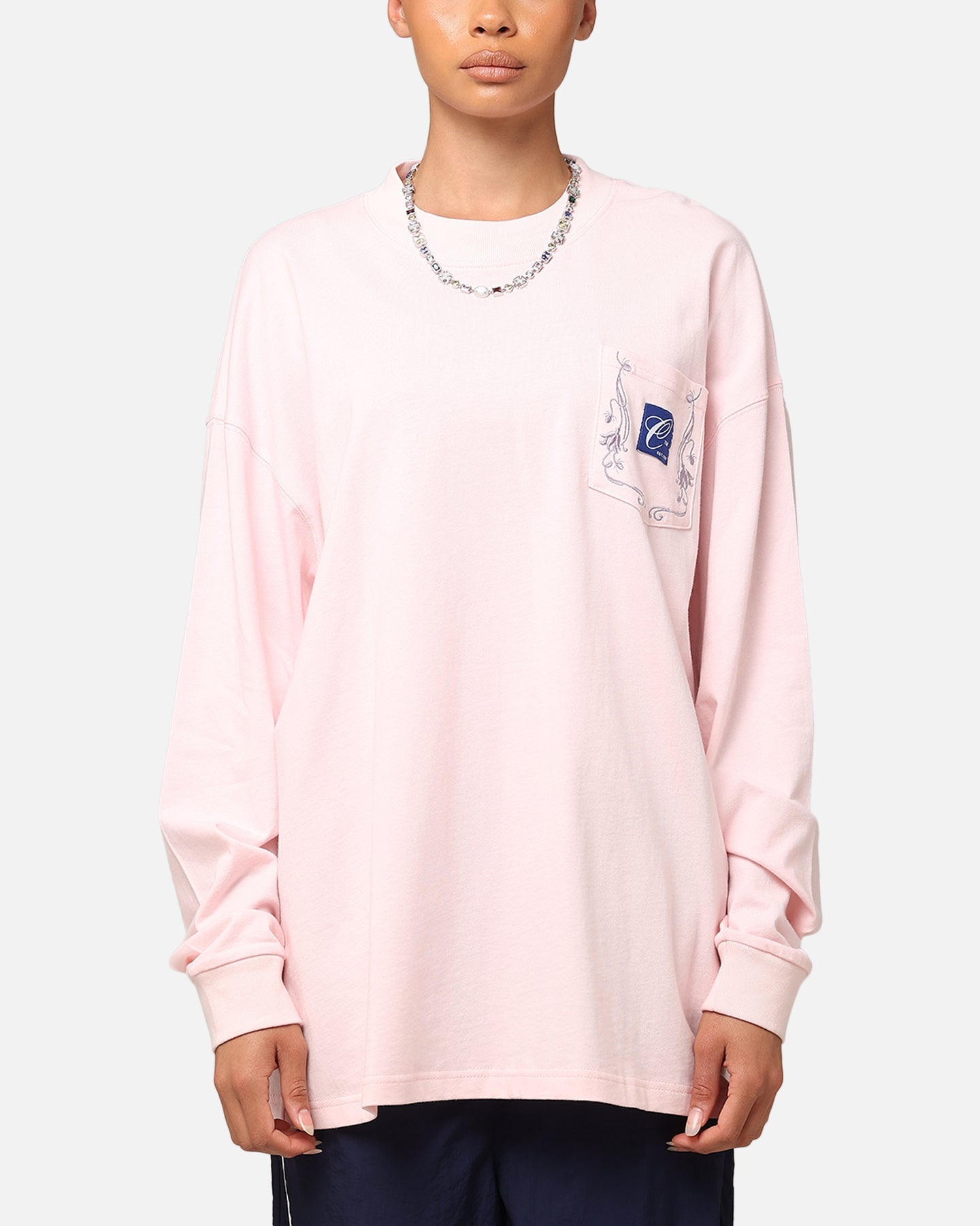 Carre Floral Pocket Oversized Long Sleeve T-Shirt Pink Style001