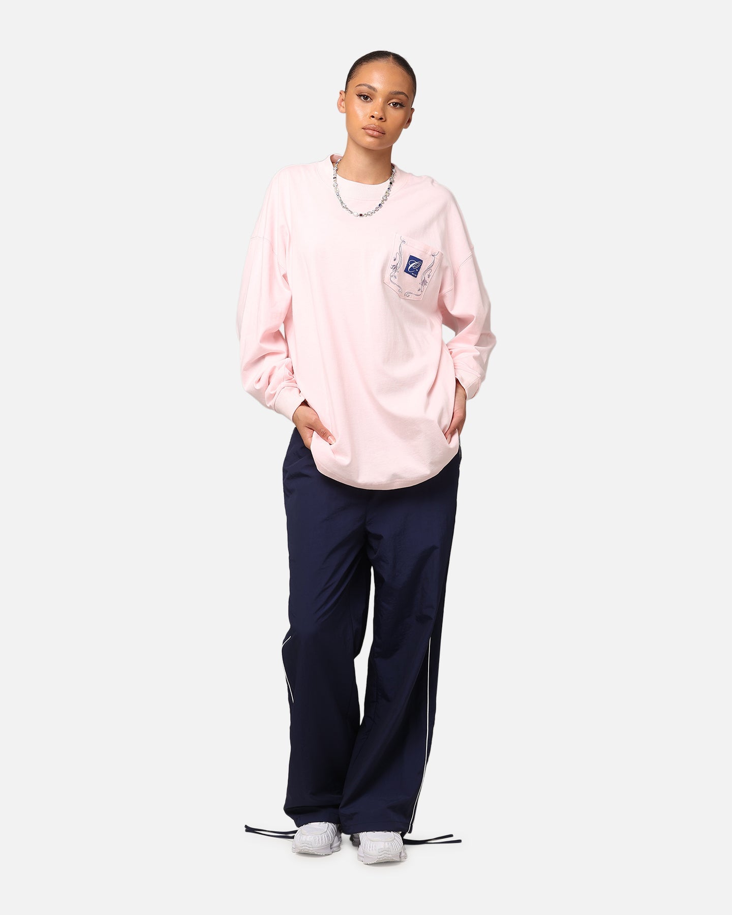 Carre Floral Pocket Oversized Long Sleeve T-Shirt Pink Style001