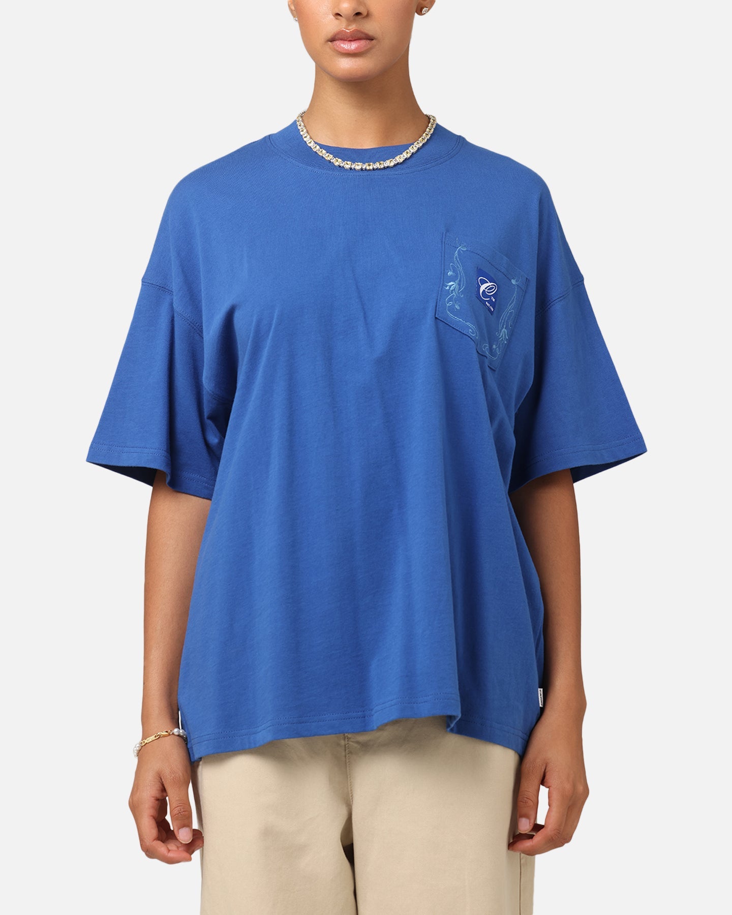 Carre Floral Pocket Oversized T-Shirt Blue Style001