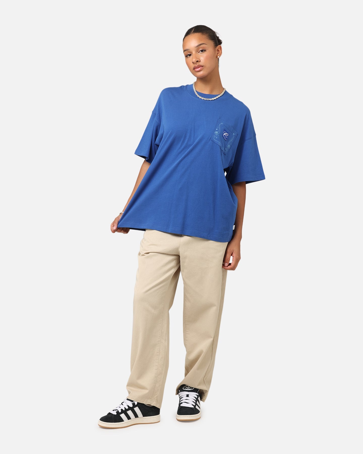 Carre Floral Pocket Oversized T-Shirt Blue Style001