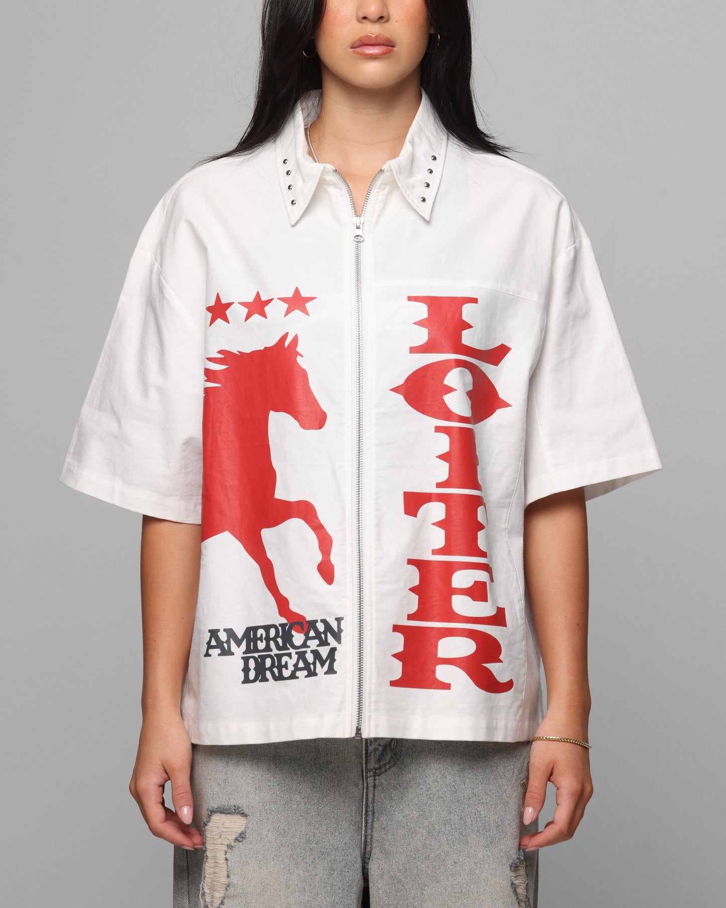 Loiter Rodeo Zip Up Shirt Off White Style001