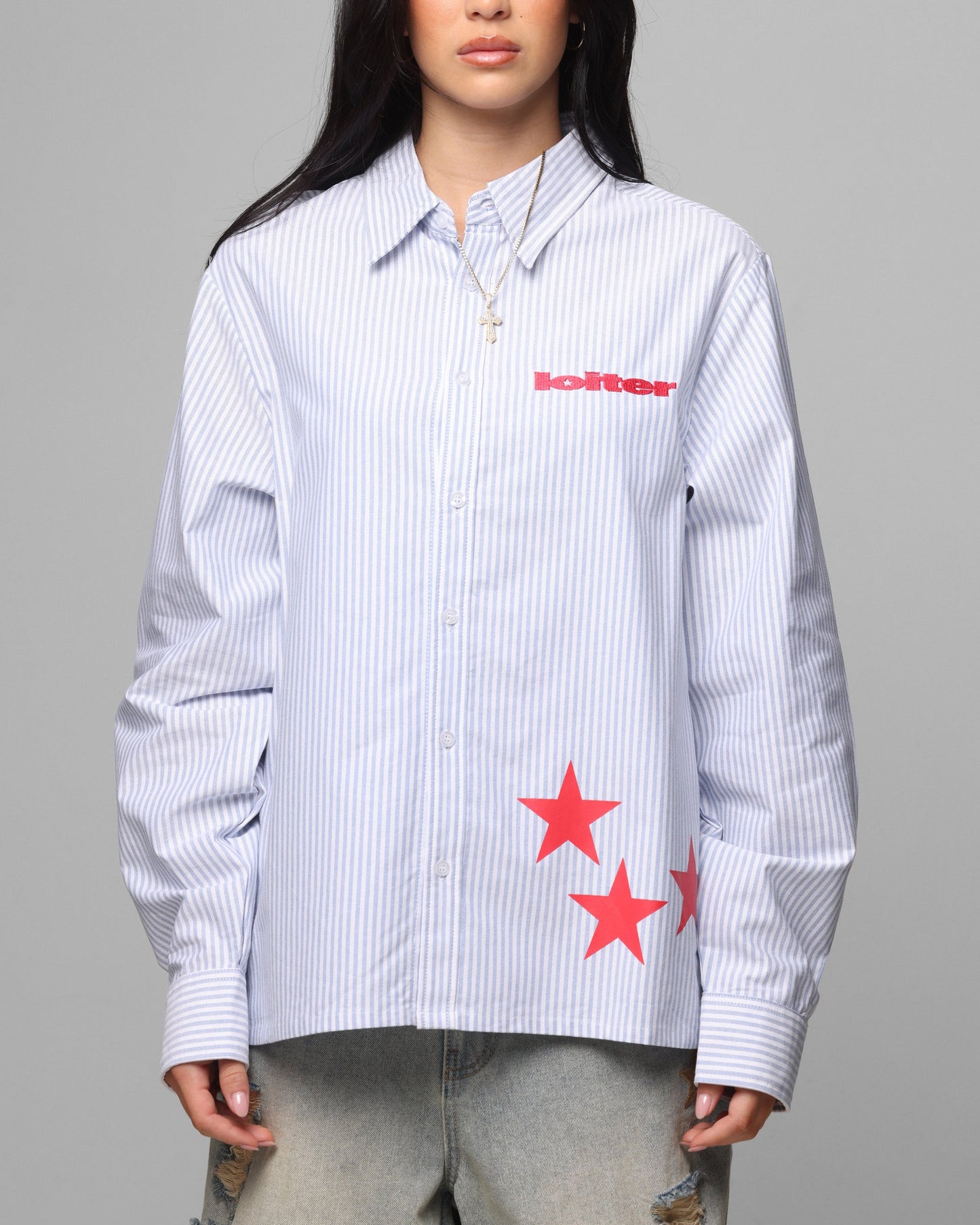 Loiter Solar Button Up Shirt Blue Pin Stripe Style001