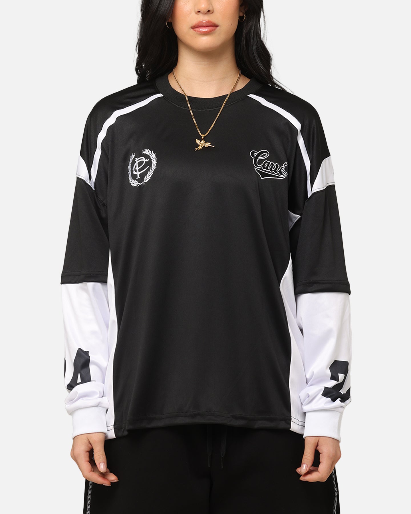 Carre Football Layered Long Sleeve T-Shirt Black/White Style001