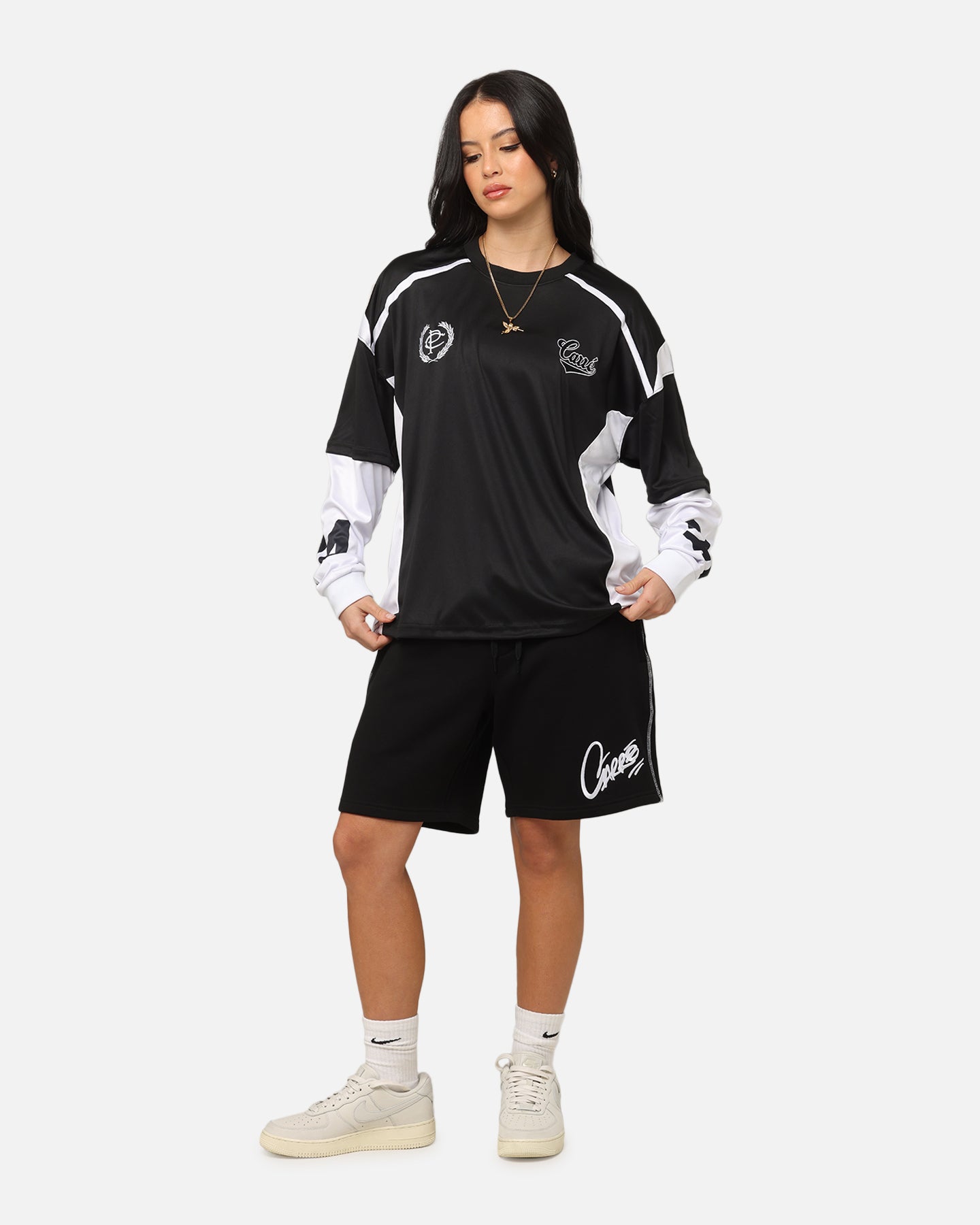 Carre Football Layered Long Sleeve T-Shirt Black/White Style001