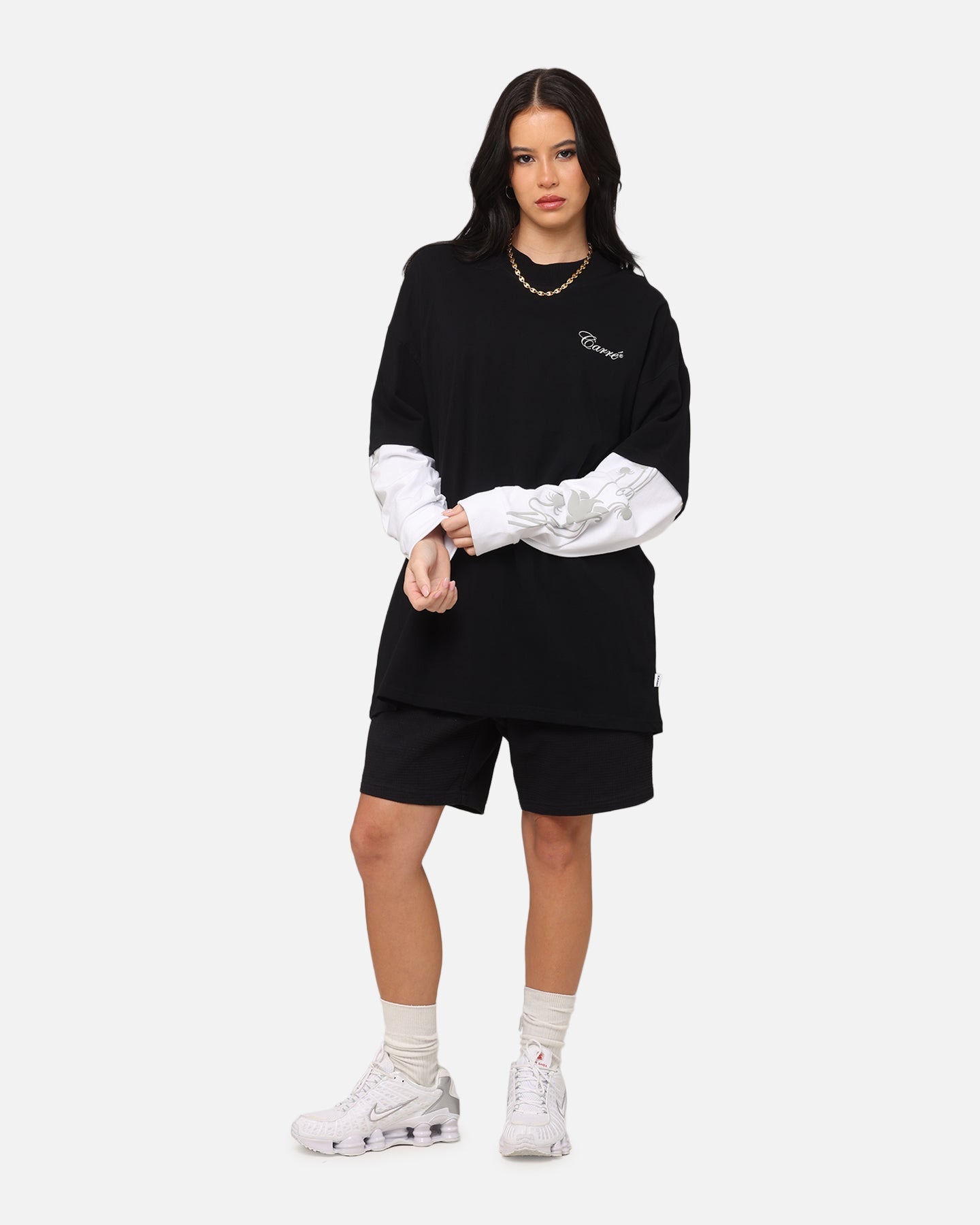 Carre Rosebowl Layered Long Sleeve T-Shirt Black/White Style001