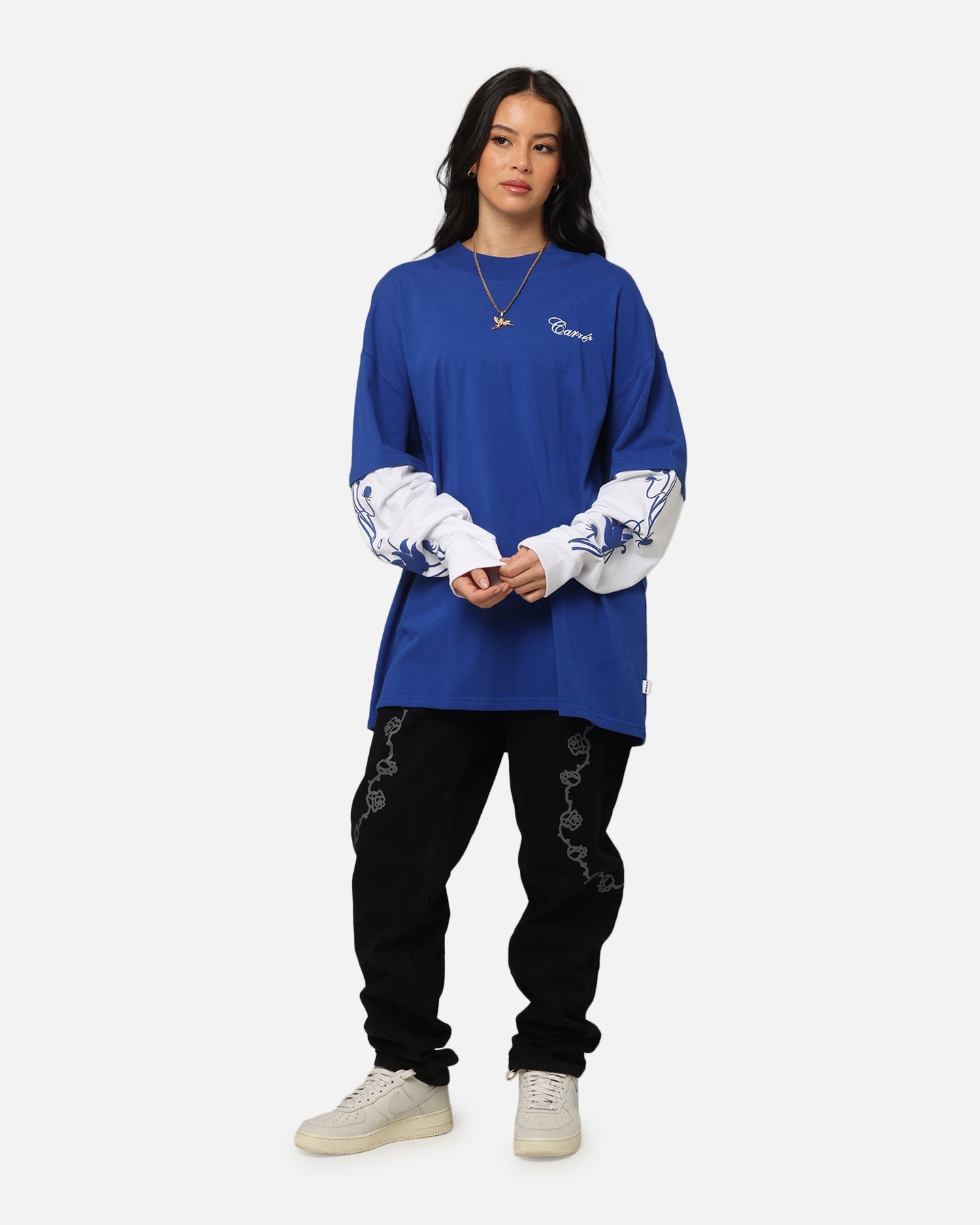 Carre Rosebowl Layered Long Sleeve T-Shirt Royal/White Style001
