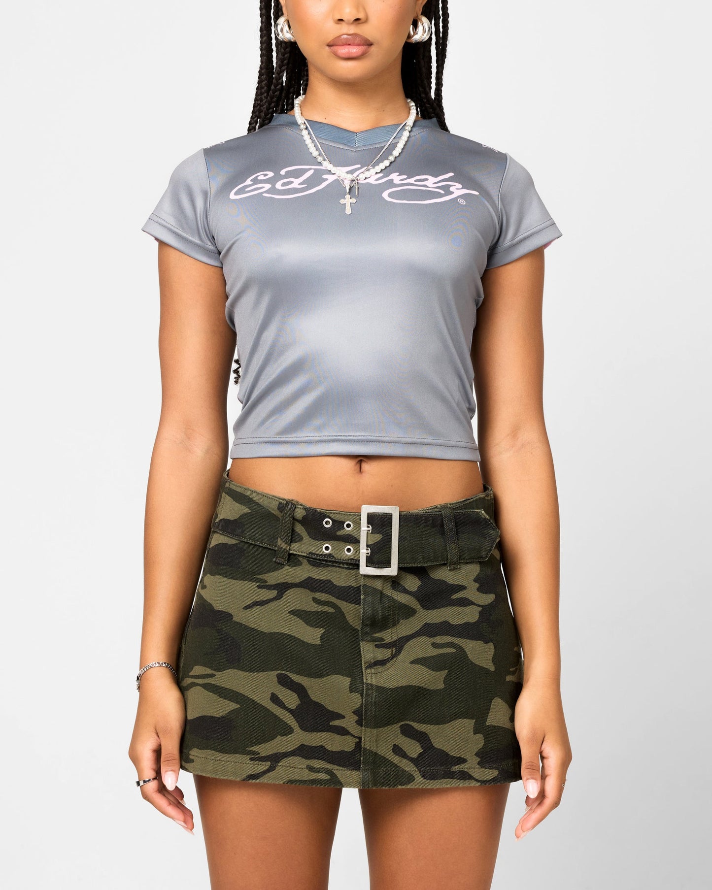 Ed Hardy Women's Football Baby T-Shirt Grey/Pink