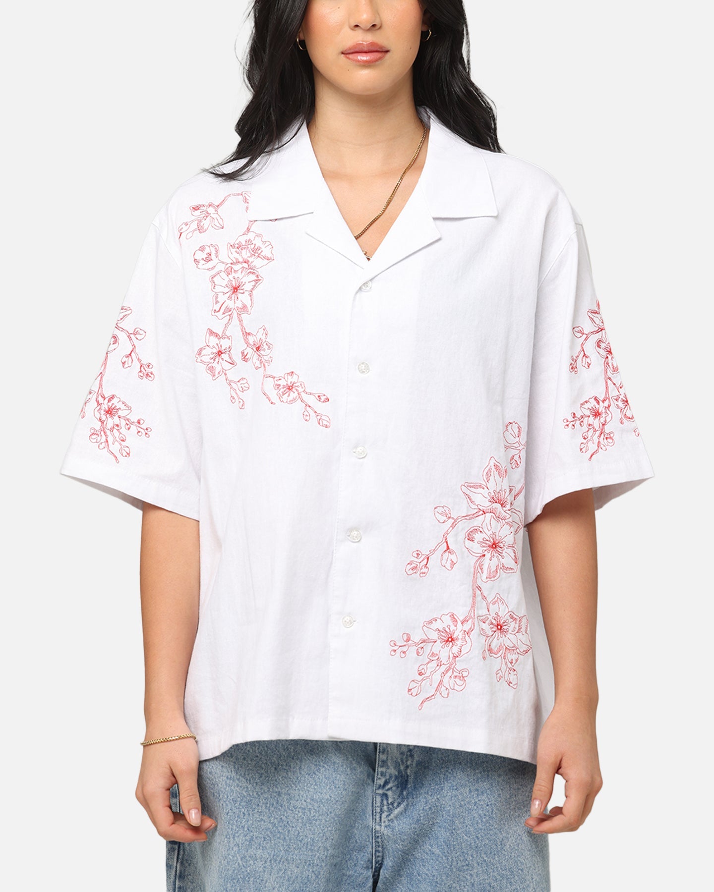 Carre Blossom Button Up Shirt White/Red Style001