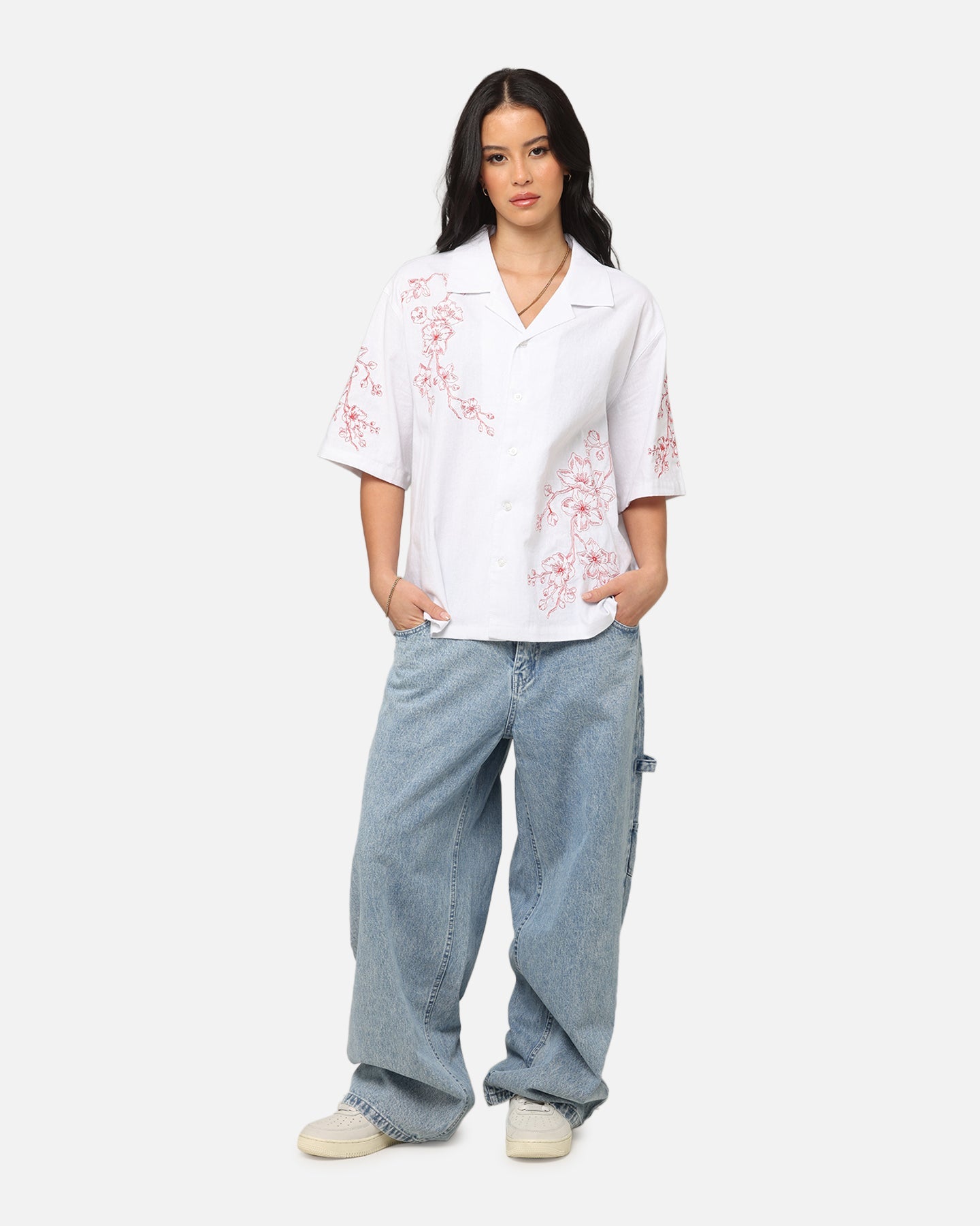 Carre Blossom Button Up Shirt White/Red Style001