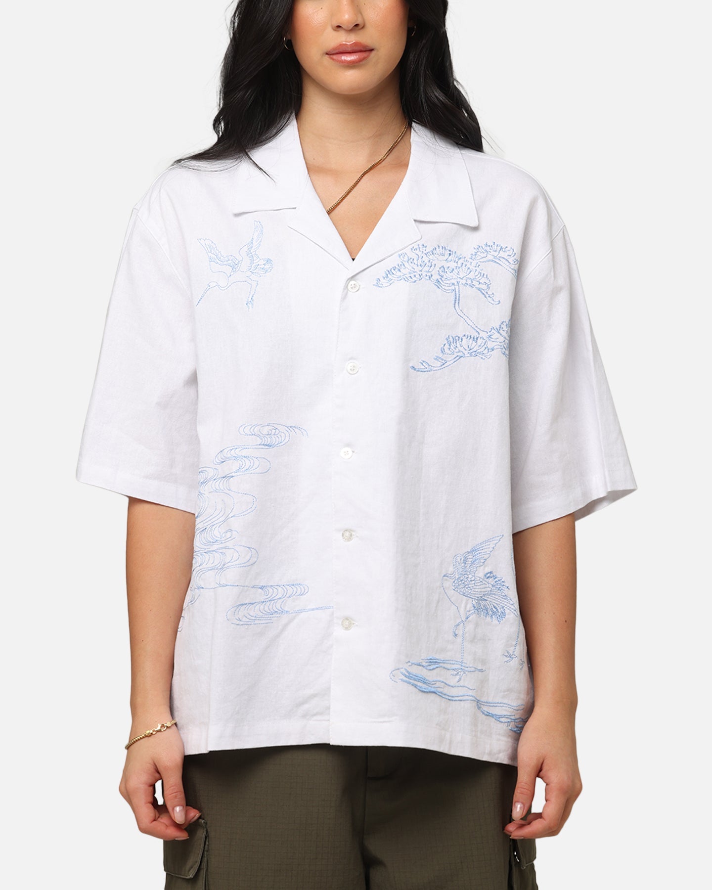 Carre Crane Button Up Shirt White/Light Blue Style001