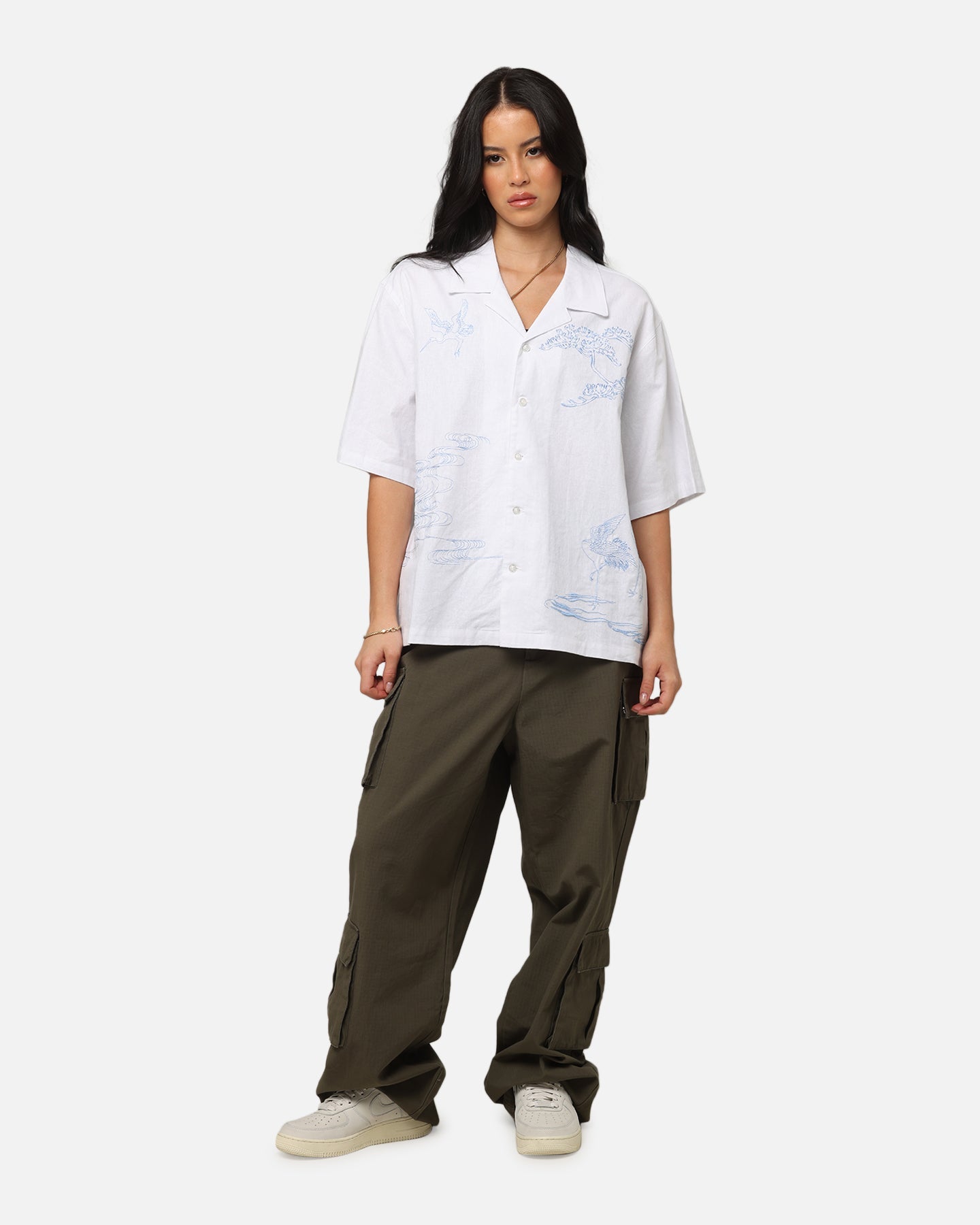 Carre Crane Button Up Shirt White/Light Blue Style001
