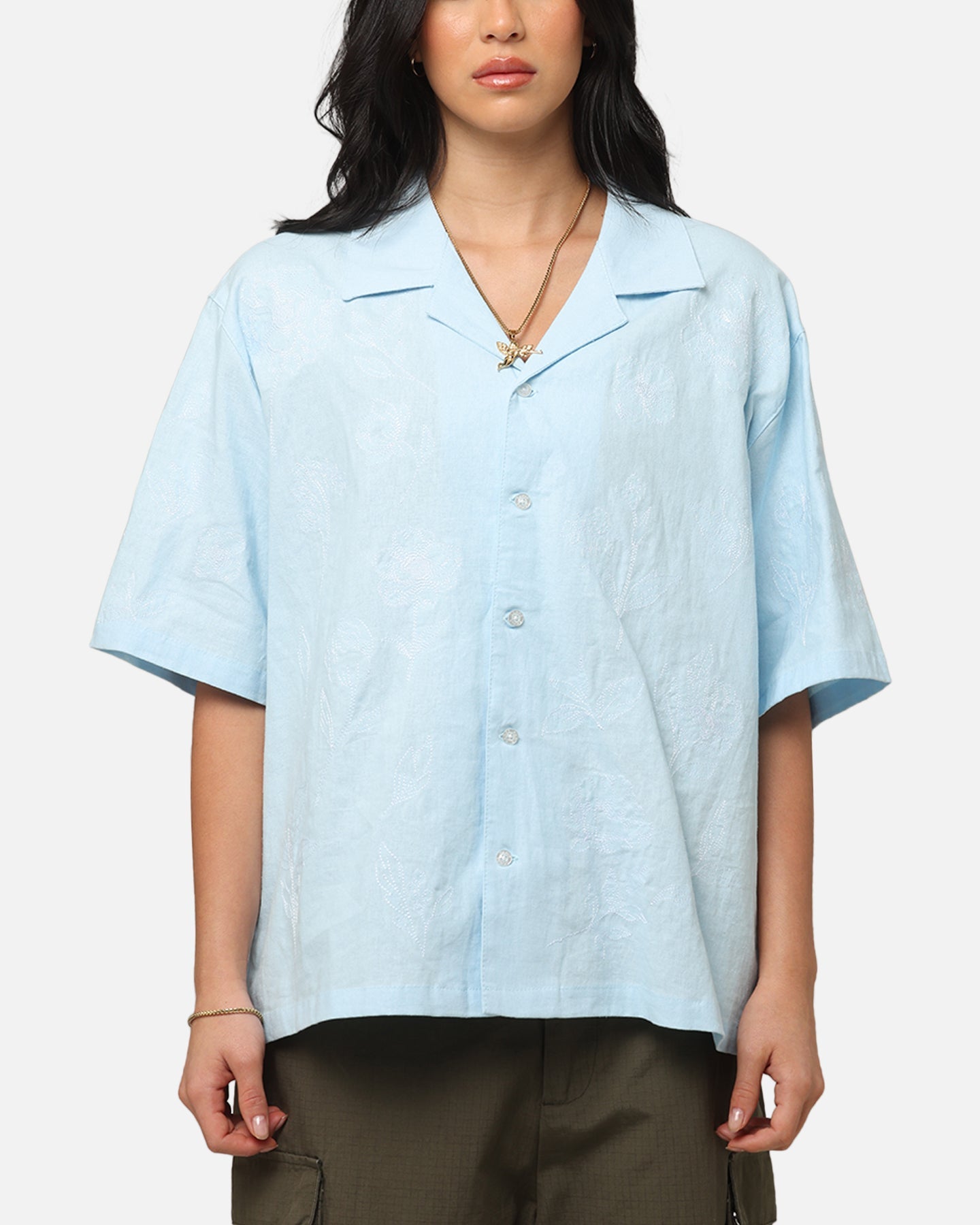 Carre Posy Button Up Shirt Light Blue/White Style001