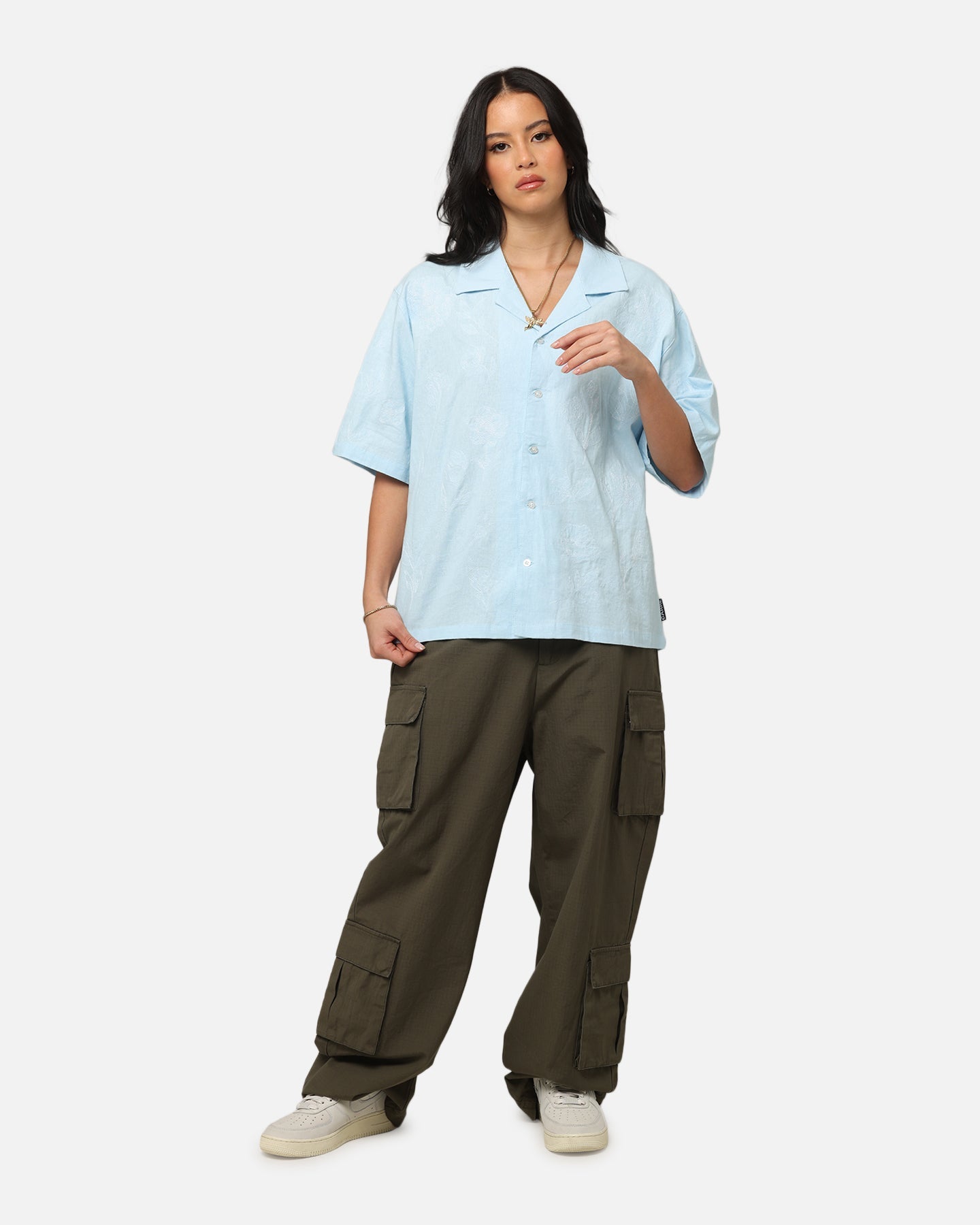 Carre Posy Button Up Shirt Light Blue/White Style001