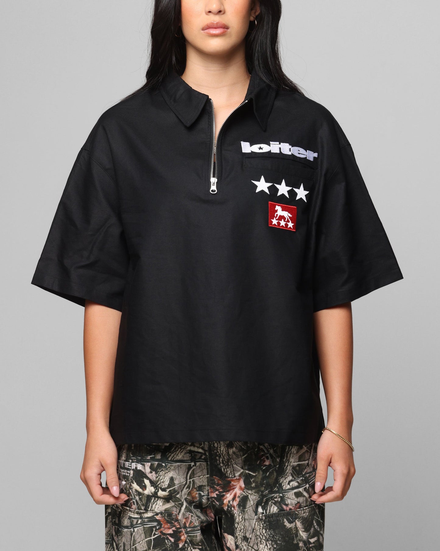 Loiter Rodeo Quarter Zip Up Shirt Black Style001
