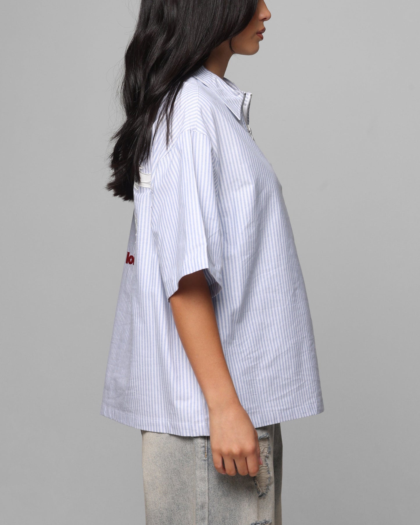 Loiter Rodeo Quarter Zip Up Shirt Blue Pin Stripe Style001