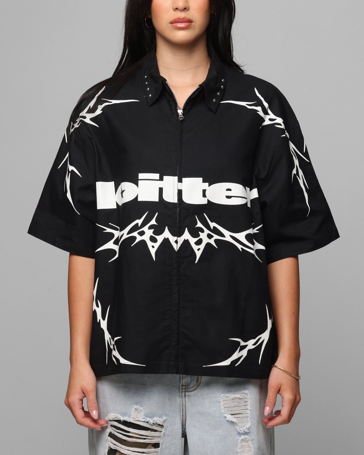Loiter Cyber Zip Up Short Sleeve Shirt Black Style001