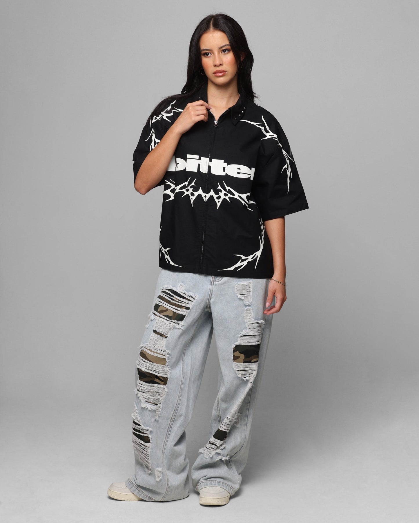 Loiter Cyber Zip Up Short Sleeve Shirt Black Style001