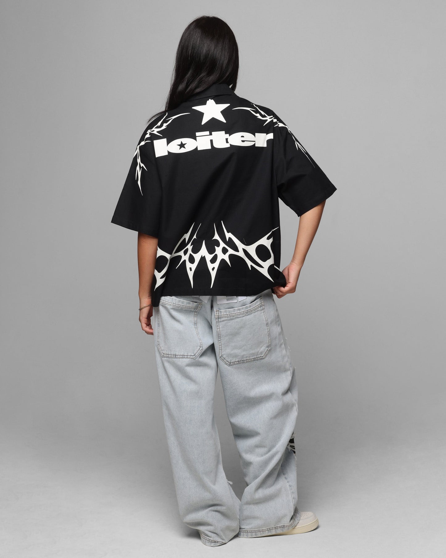 Loiter Cyber Zip Up Short Sleeve Shirt Black Style001