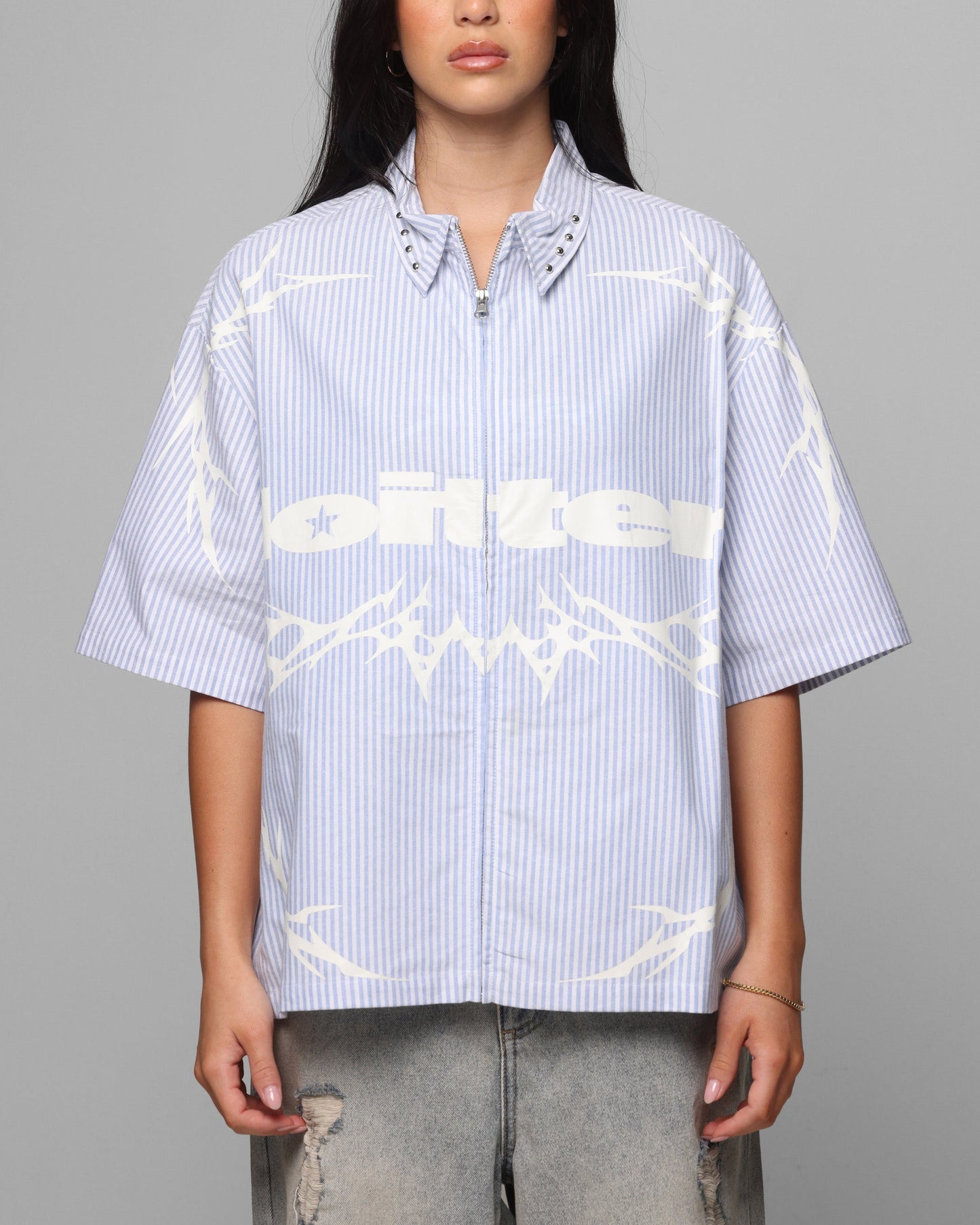 Loiter Cyber Zip Up Short Sleeve Shirt Blue Pin Stripe Style001