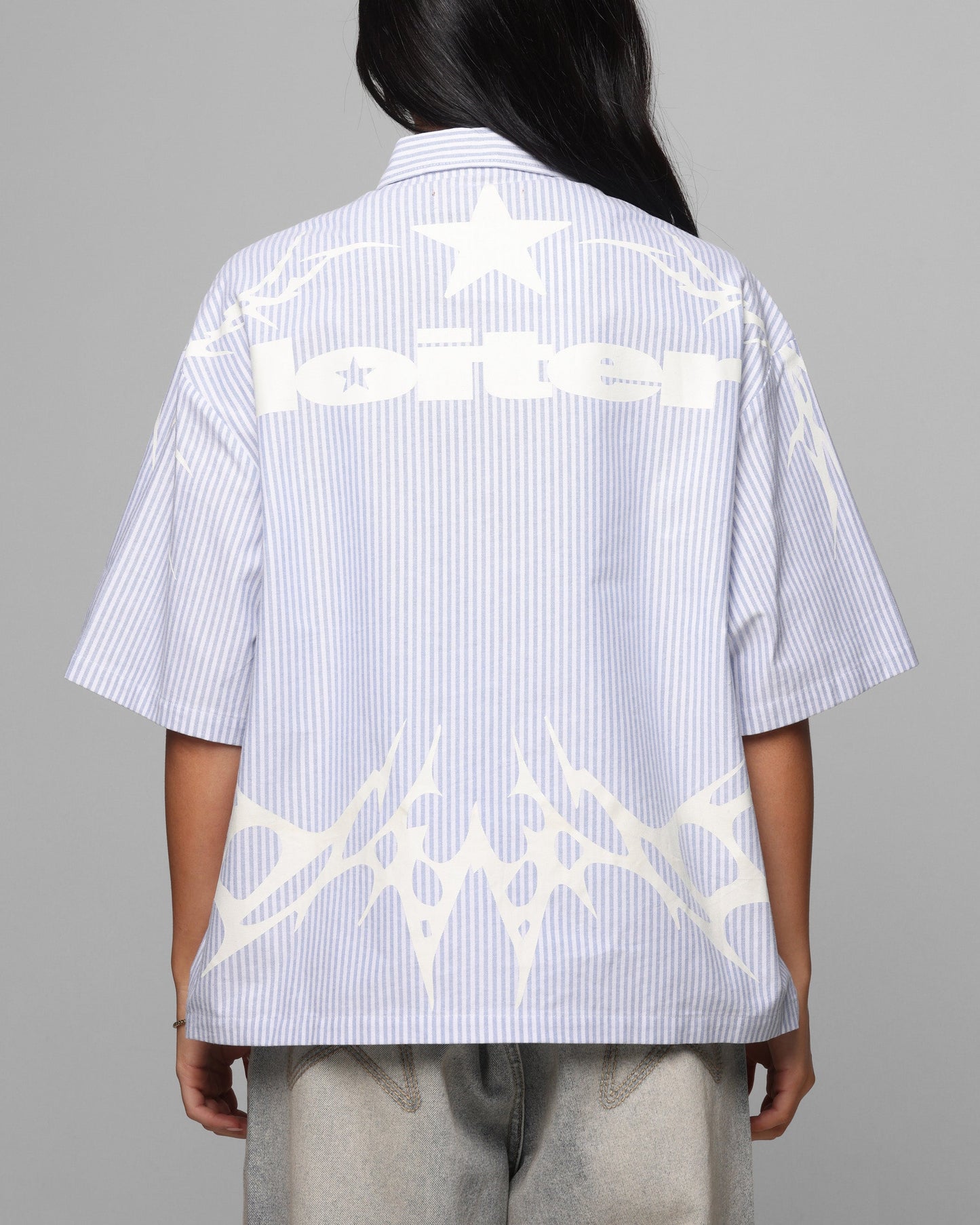 Loiter Cyber Zip Up Short Sleeve Shirt Blue Pin Stripe Style001
