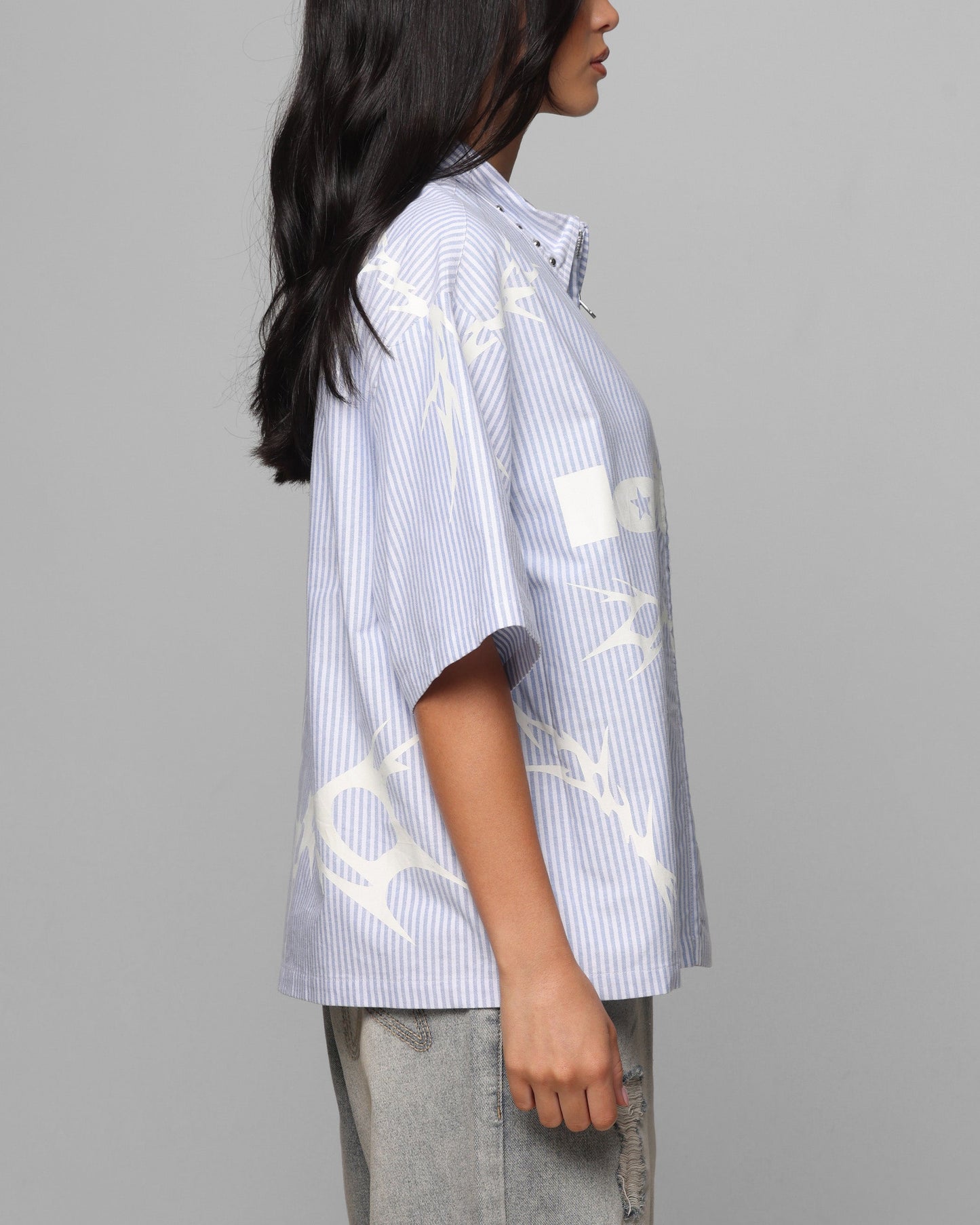 Loiter Cyber Zip Up Short Sleeve Shirt Blue Pin Stripe Style001