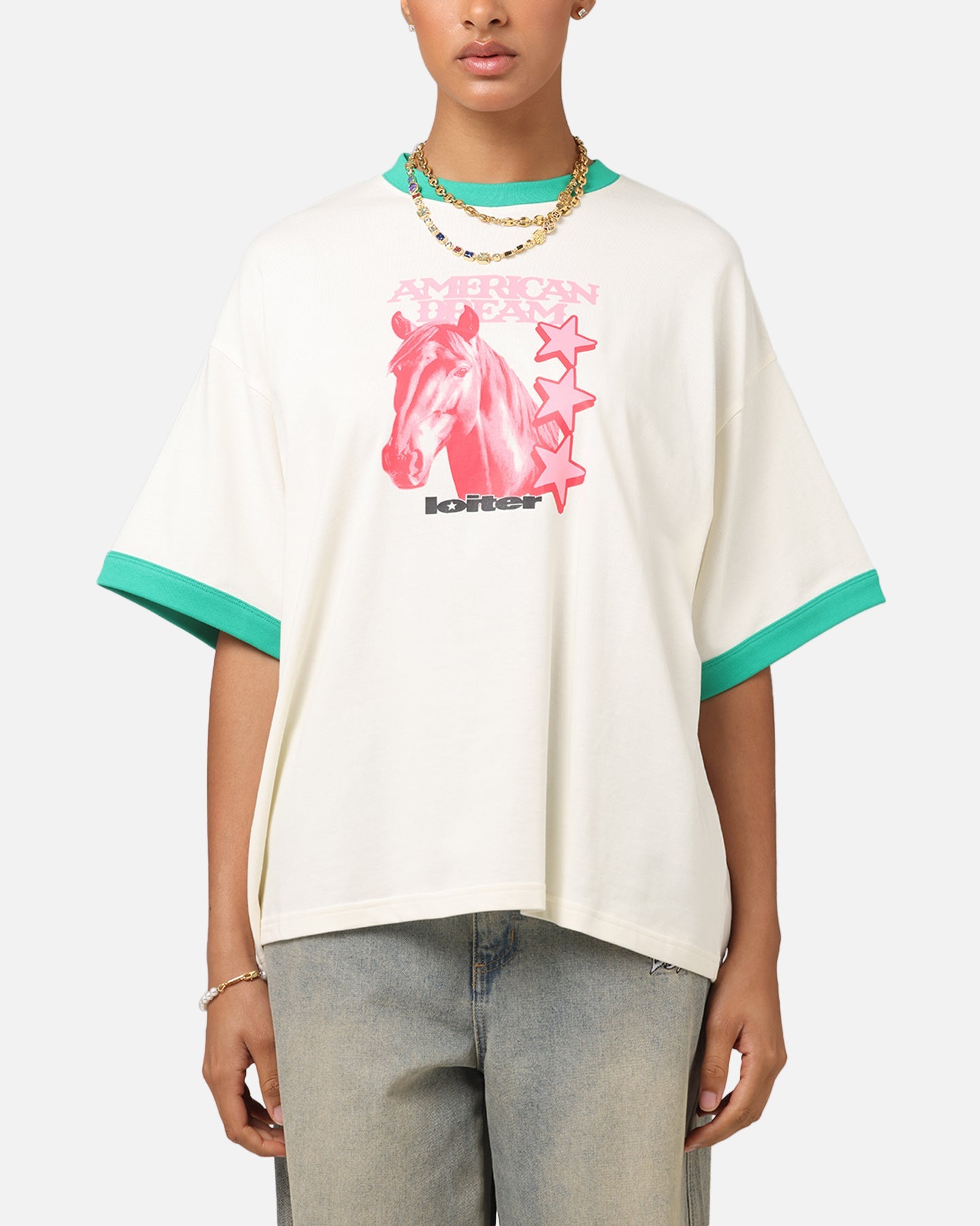 Loiter Western Front Ringer T-Shirt White/Green Style001