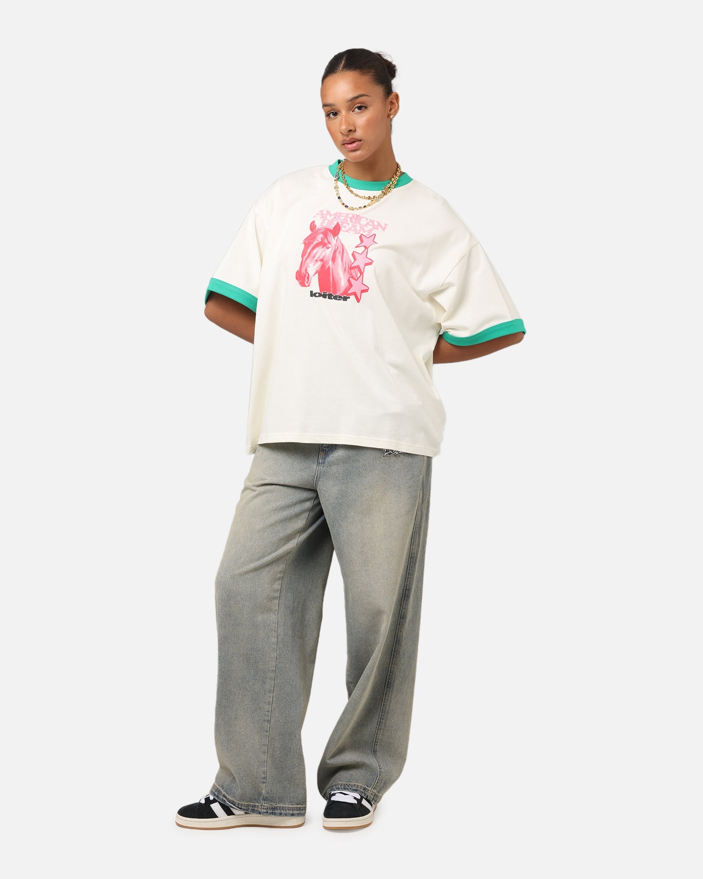 Loiter Western Front Ringer T-Shirt White/Green Style001