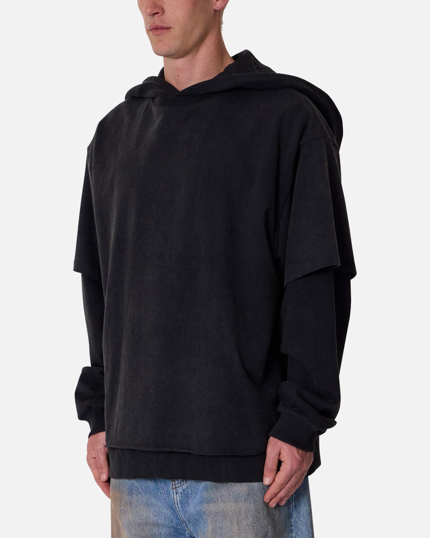 MNML Over Tee Layered Hoodie Washed Black