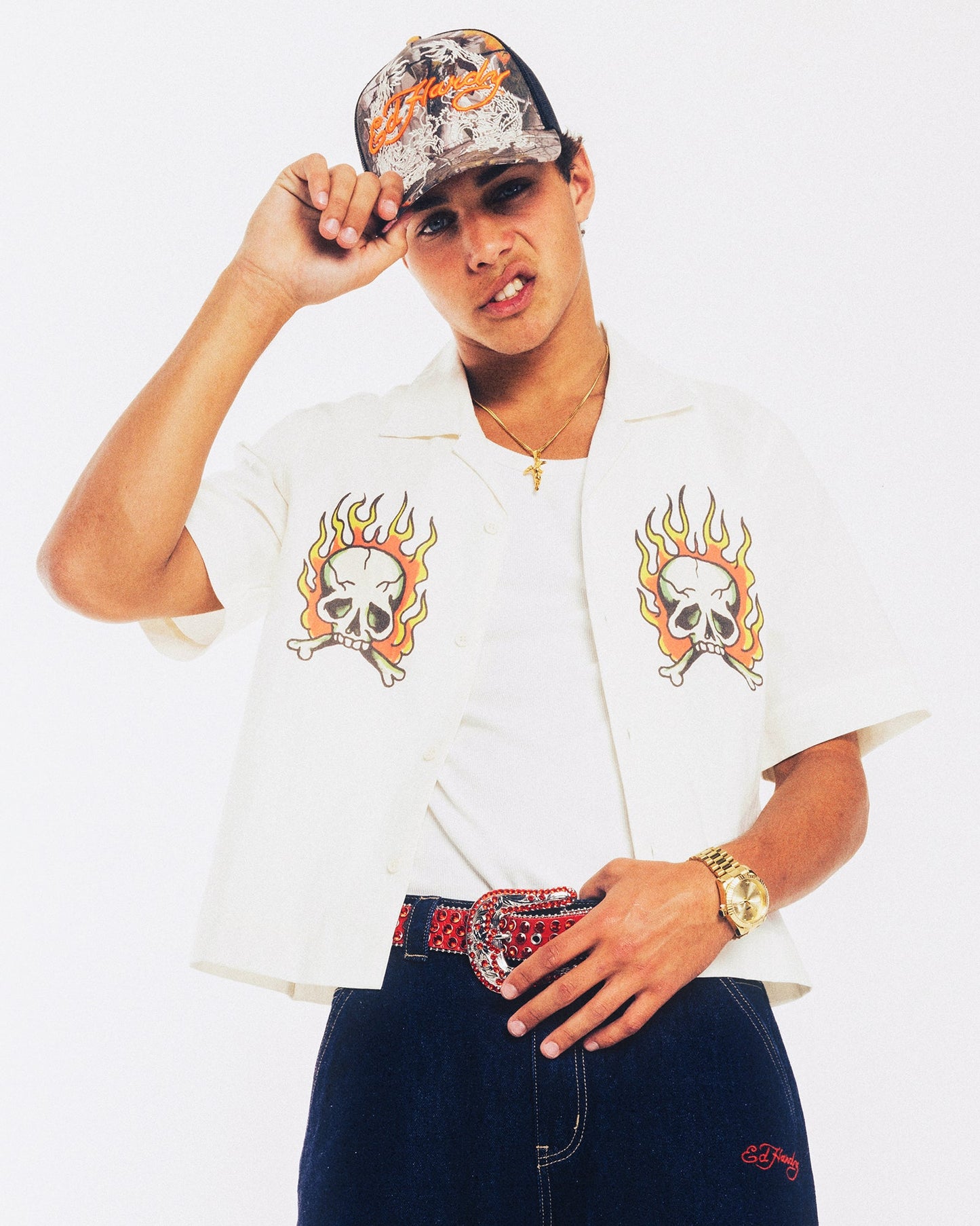 Ed Hardy Flaming Skull Button Up Shirt Off White