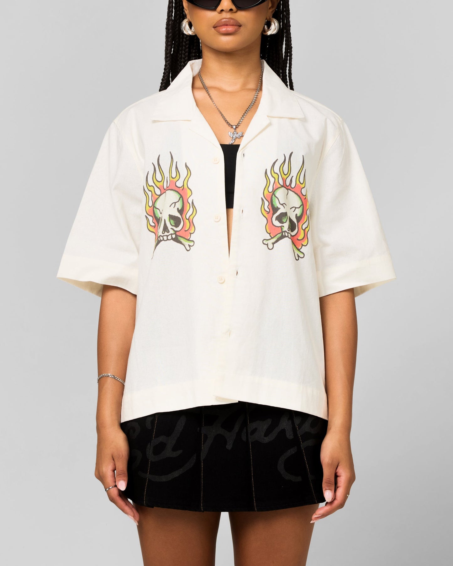 Ed Hardy Flaming Skull Button Up Shirt Off White Style001