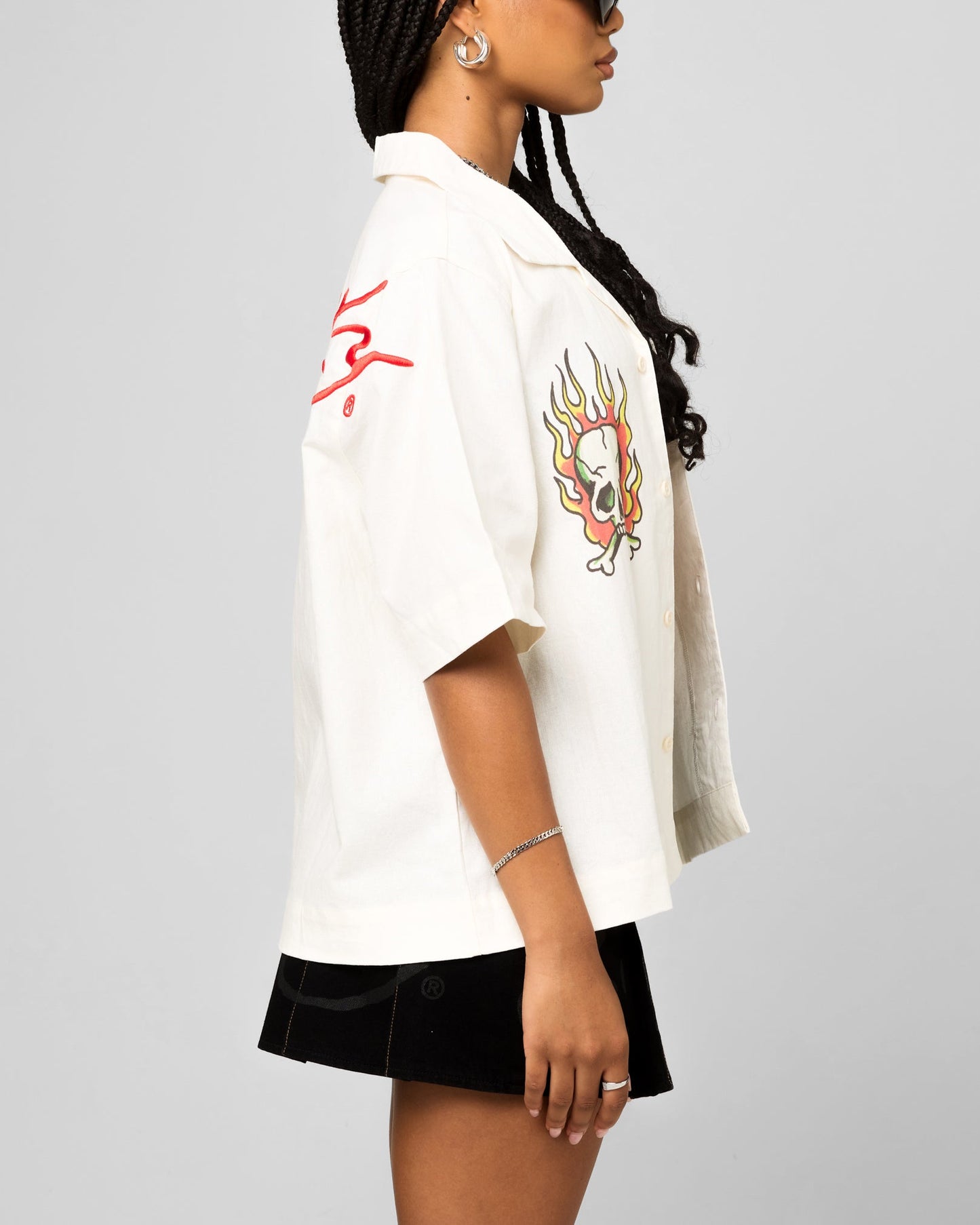 Ed Hardy Flaming Skull Button Up Shirt Off White Style001