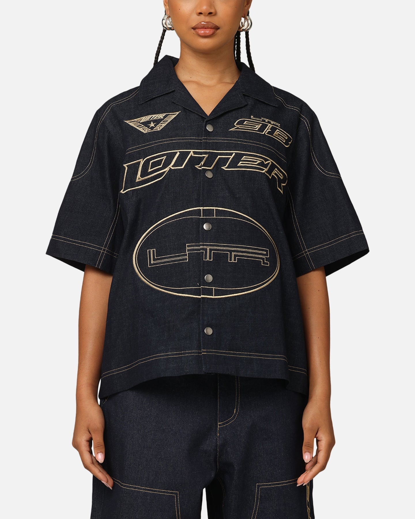 Loiter Motor Denim Button Up Shirt Indigo Style001