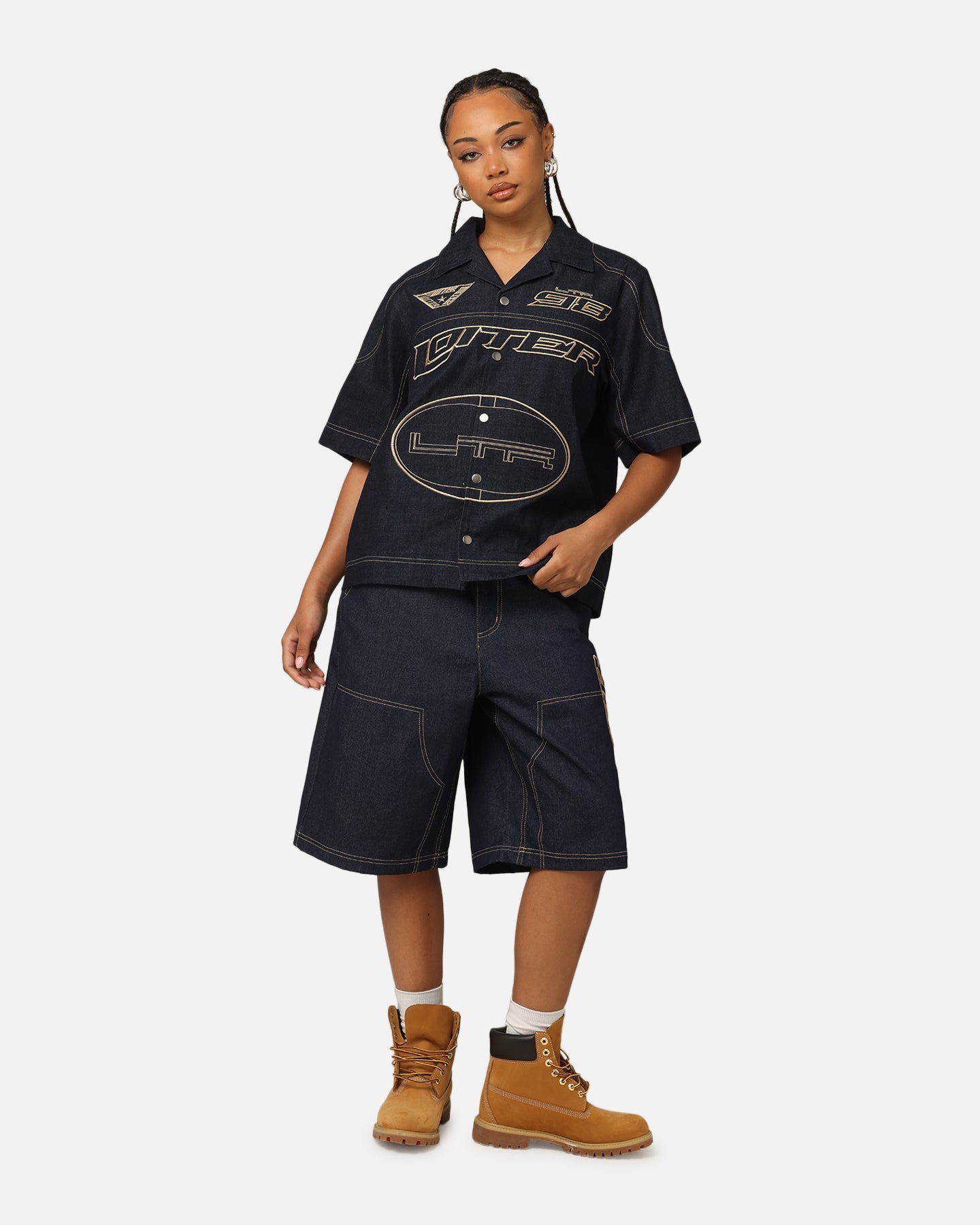 Loiter Motor Denim Button Up Shirt Indigo Style001