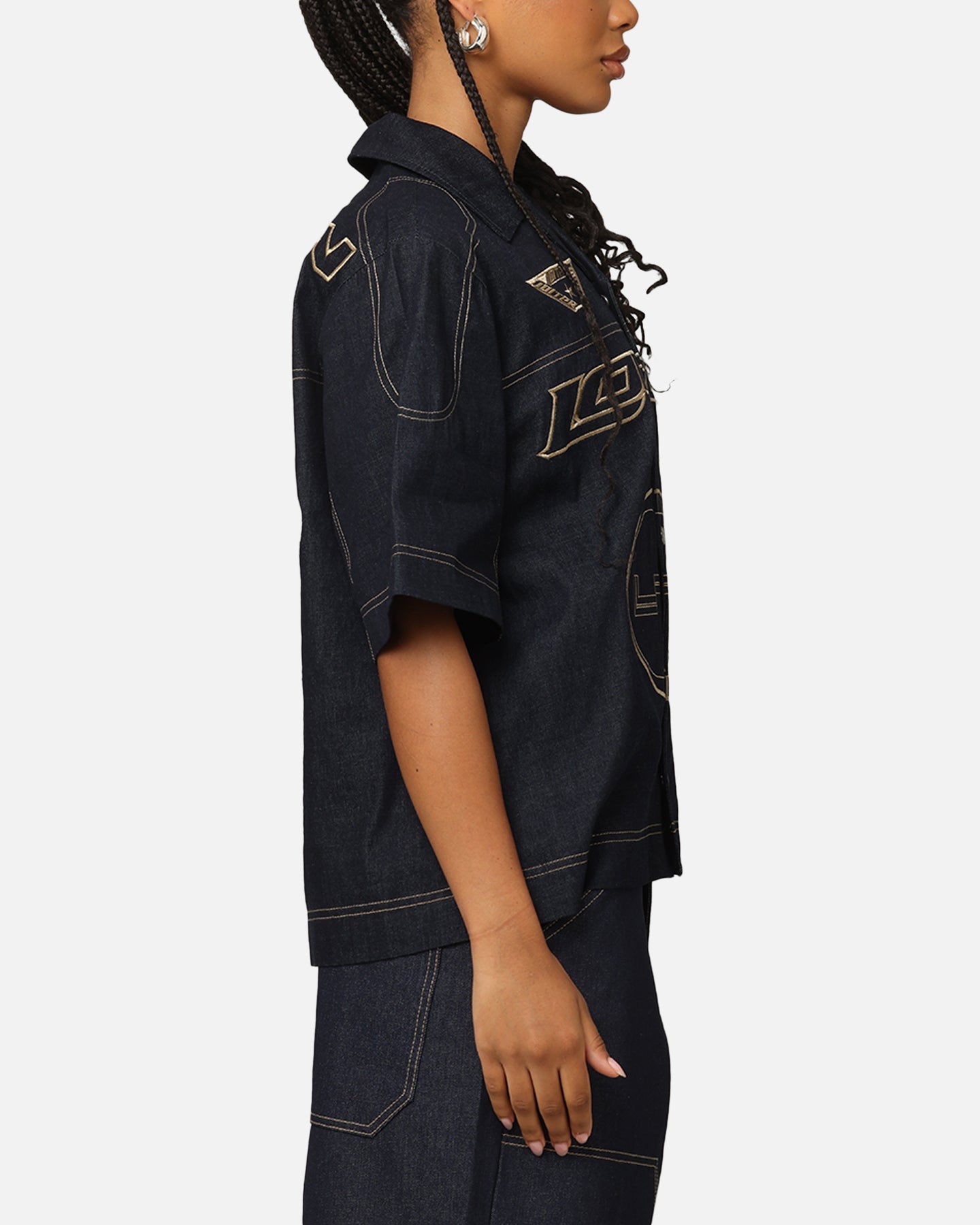 Loiter Motor Denim Button Up Shirt Indigo Style001