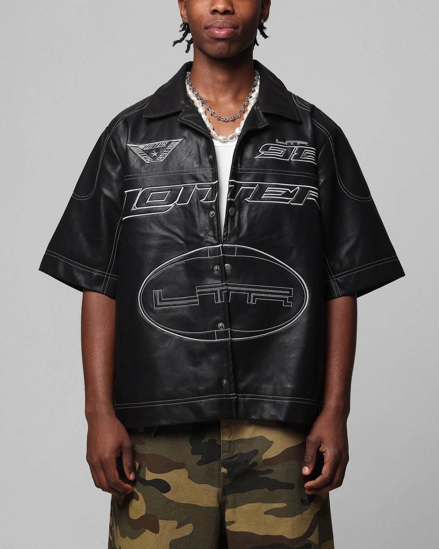 Loiter Motor PU Leather Button Up Shirt Black