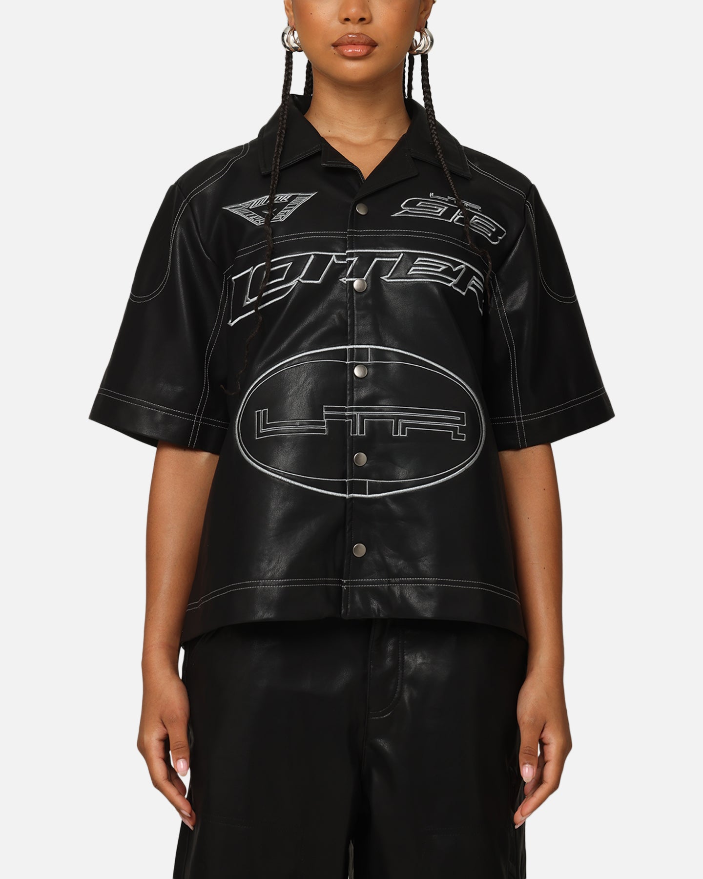 Loiter Motor PU Leather Button Up Shirt Black Style001