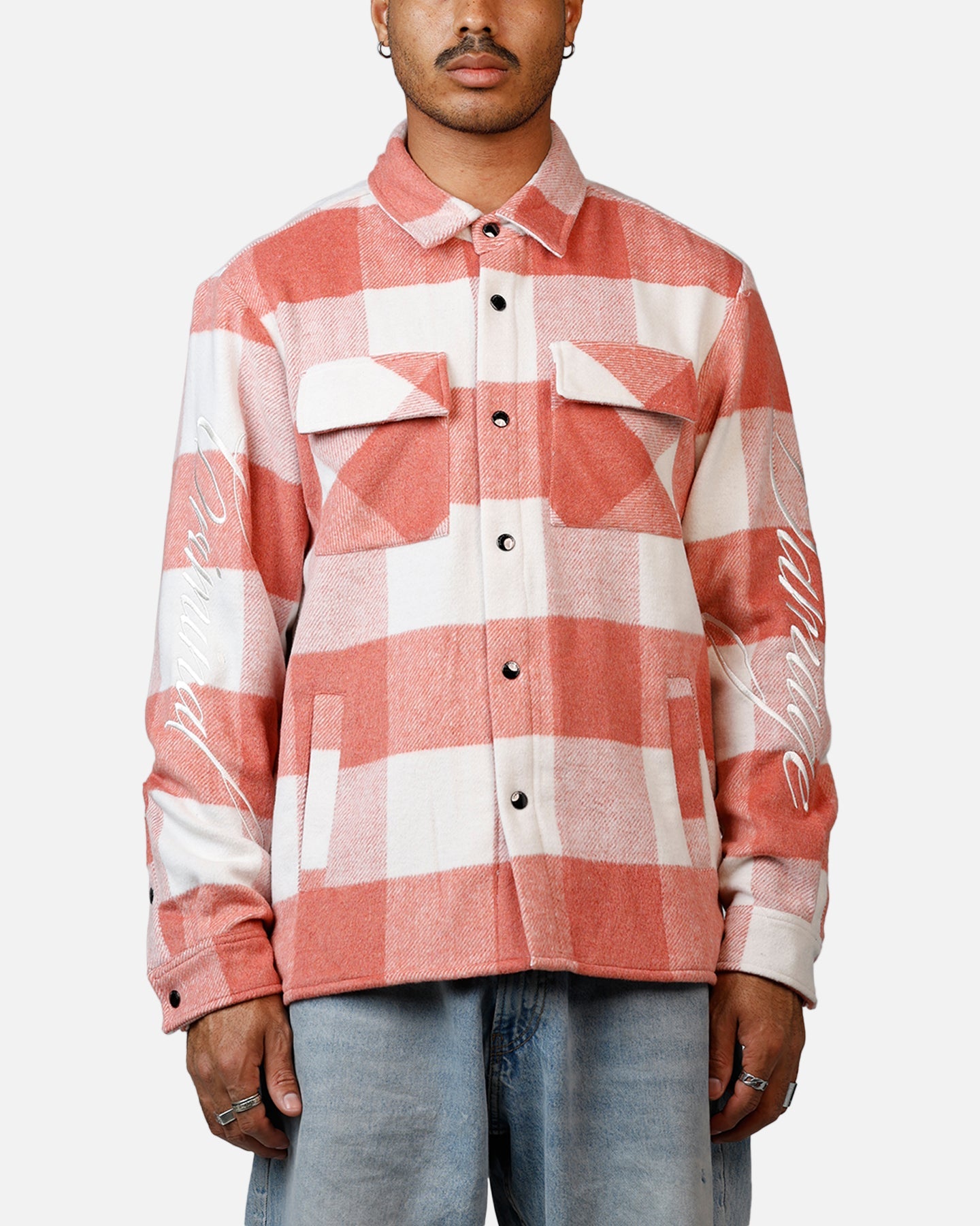 Criminal Damage Embroidered Flannel Shirt Pink
