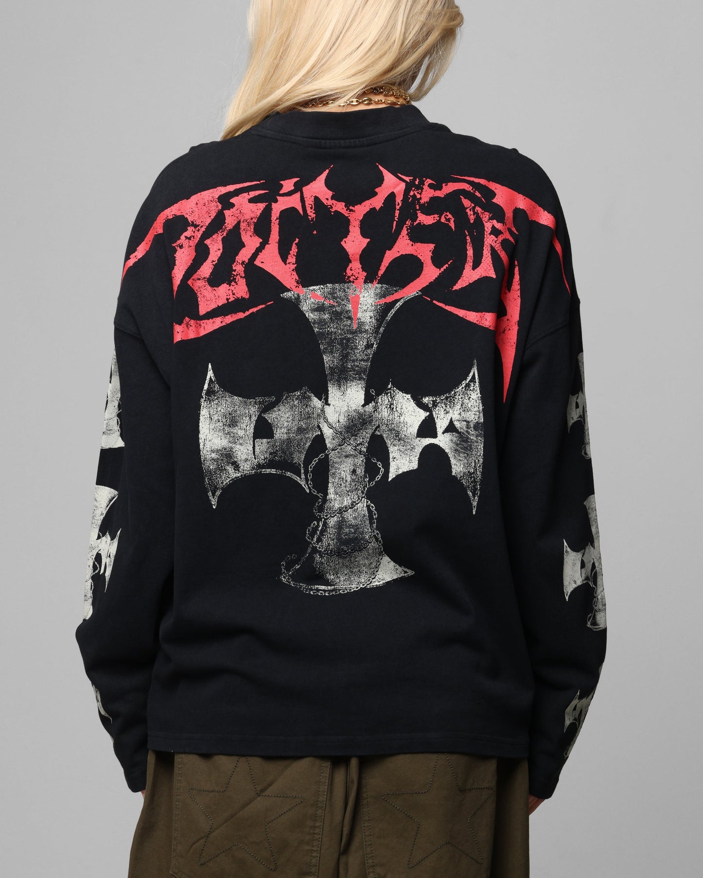 Loiter Cross Long Sleeve T-Shirt Black Acidwash Style001