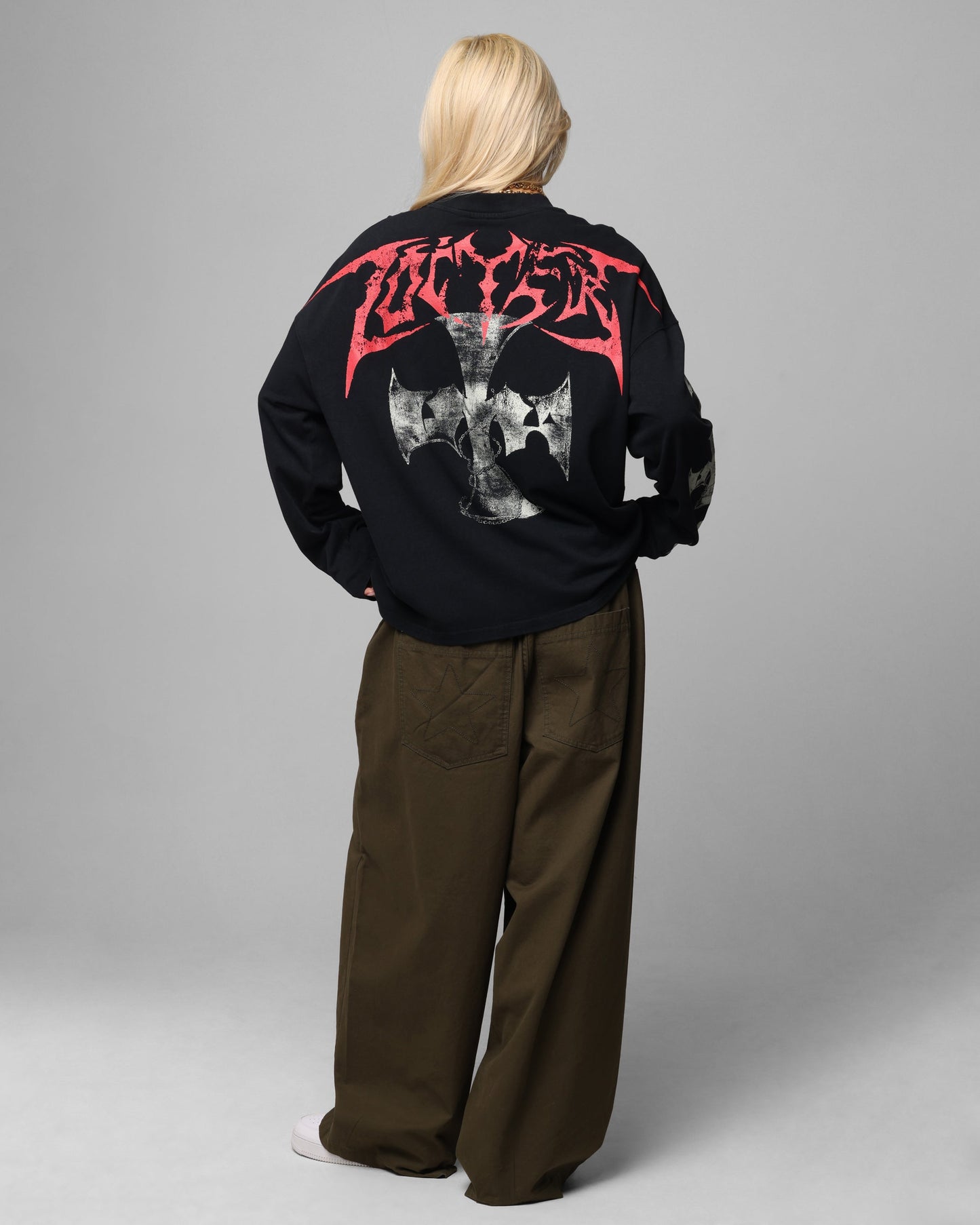 Loiter Cross Long Sleeve T-Shirt Black Acidwash Style001