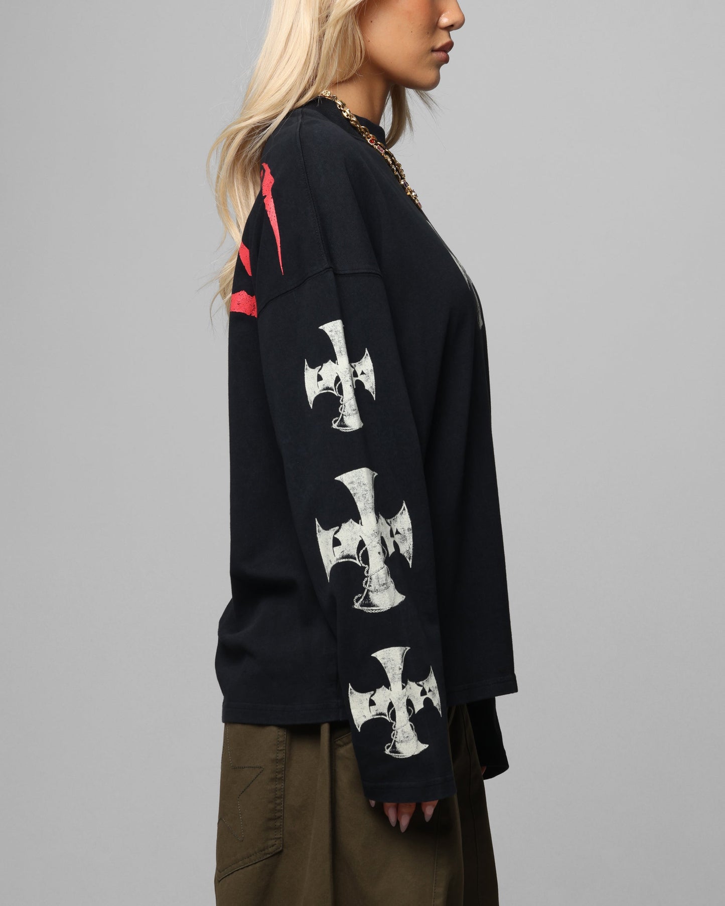 Loiter Cross Long Sleeve T-Shirt Black Acidwash Style001