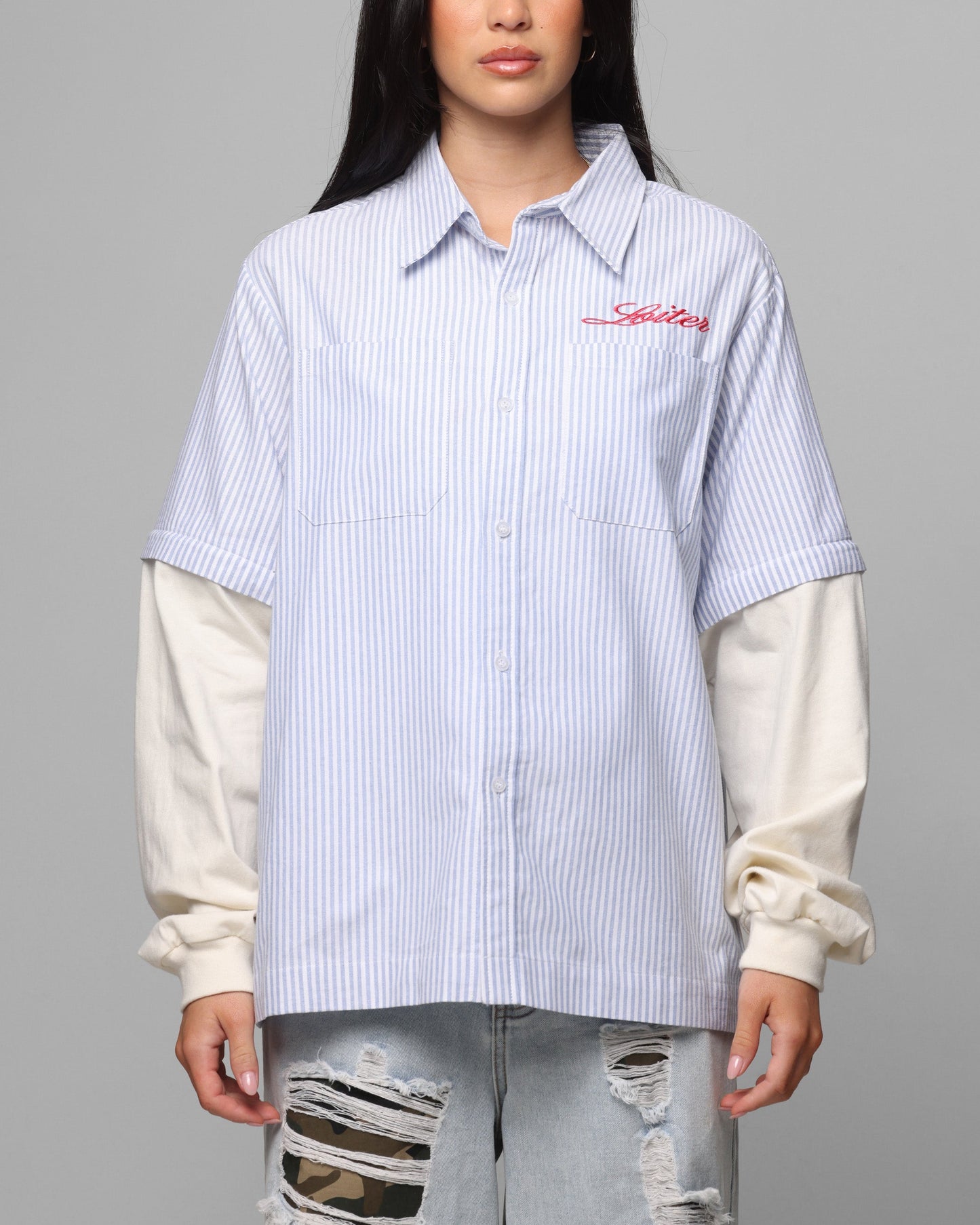 Loiter Art Studio Work Shirt Blue Stripe Style001