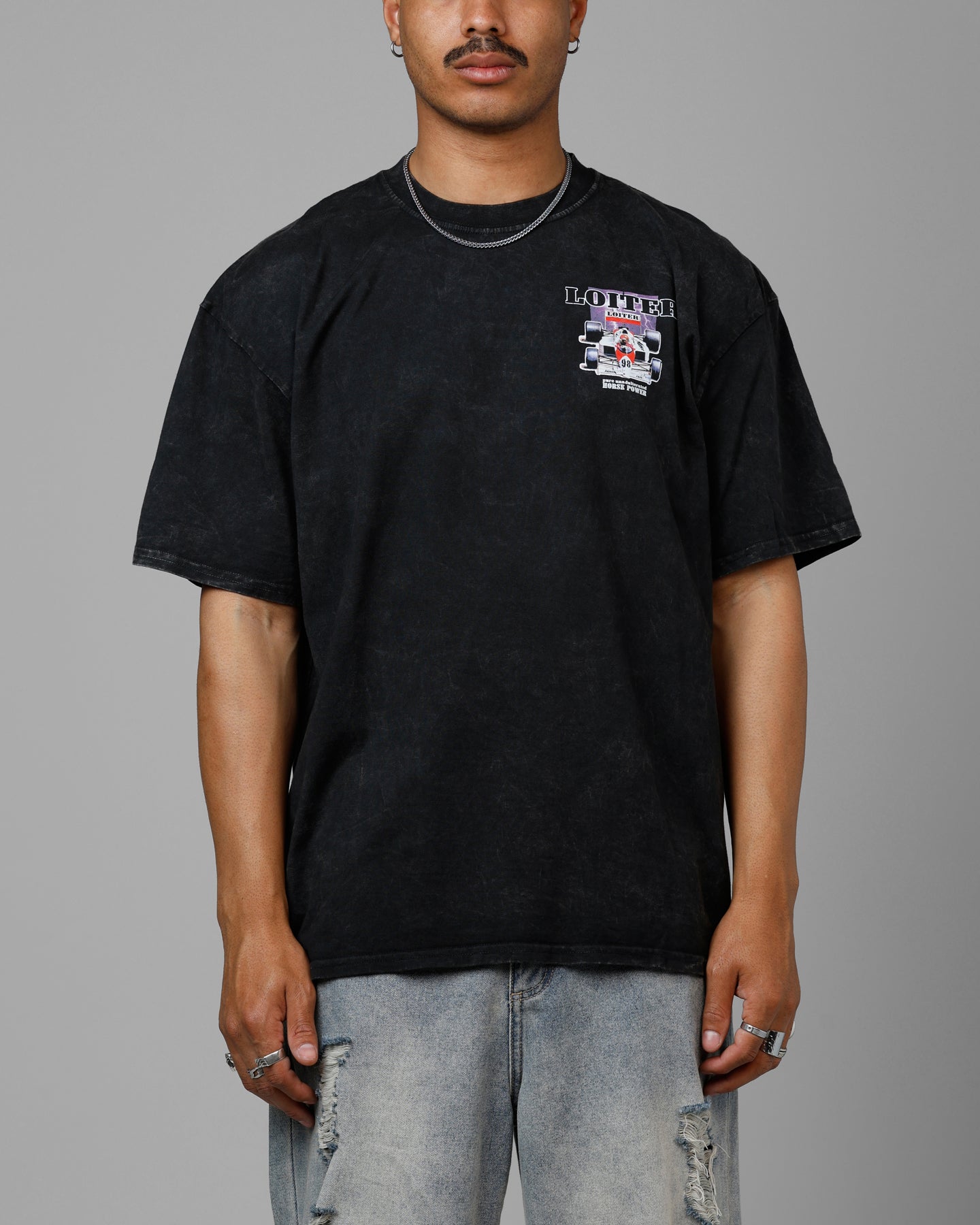 Loiter Horse Power Vintage Drop T-Shirt Black Acidwash
