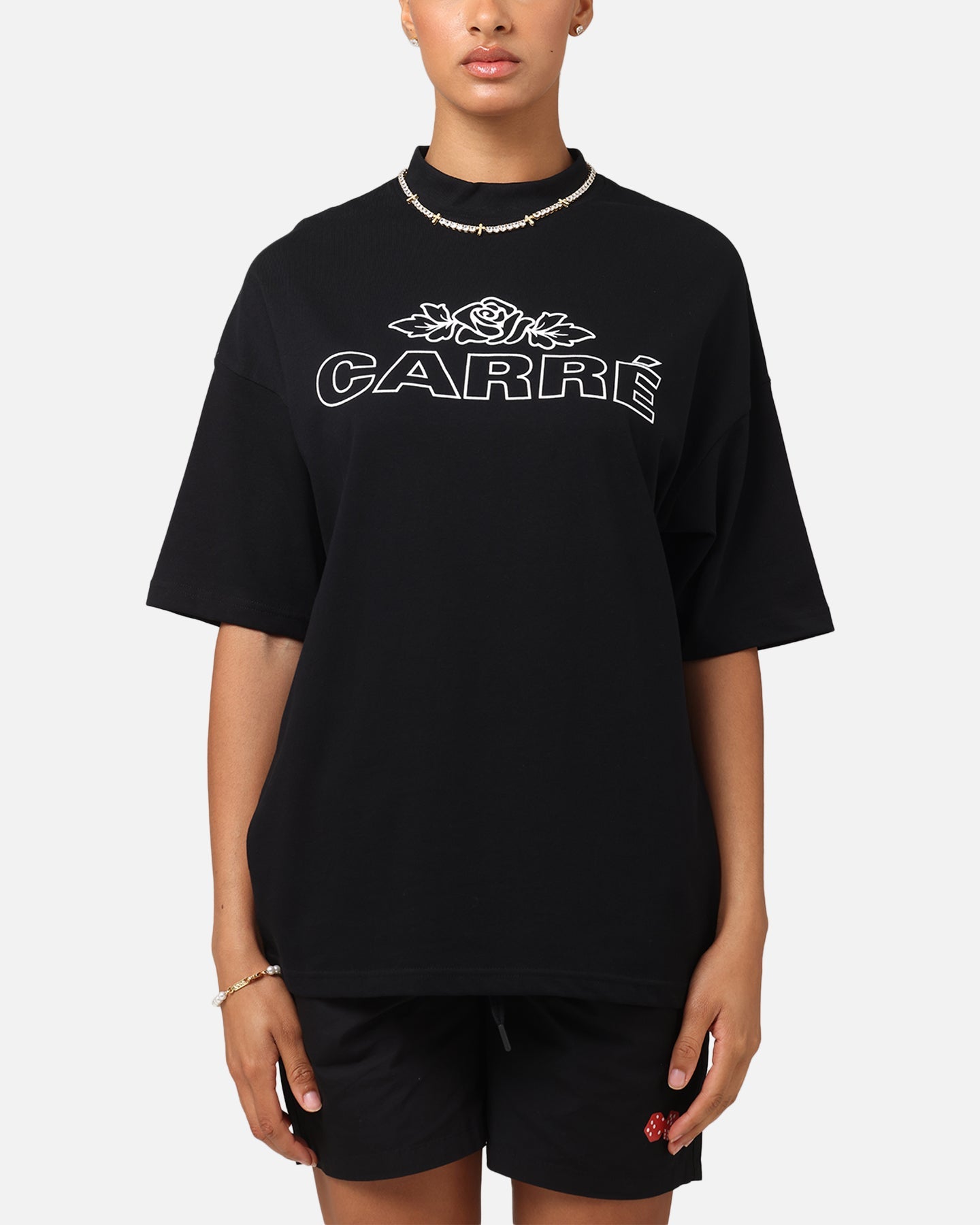 Carre Rosebud Mock Neck T-Shirt Black Style001