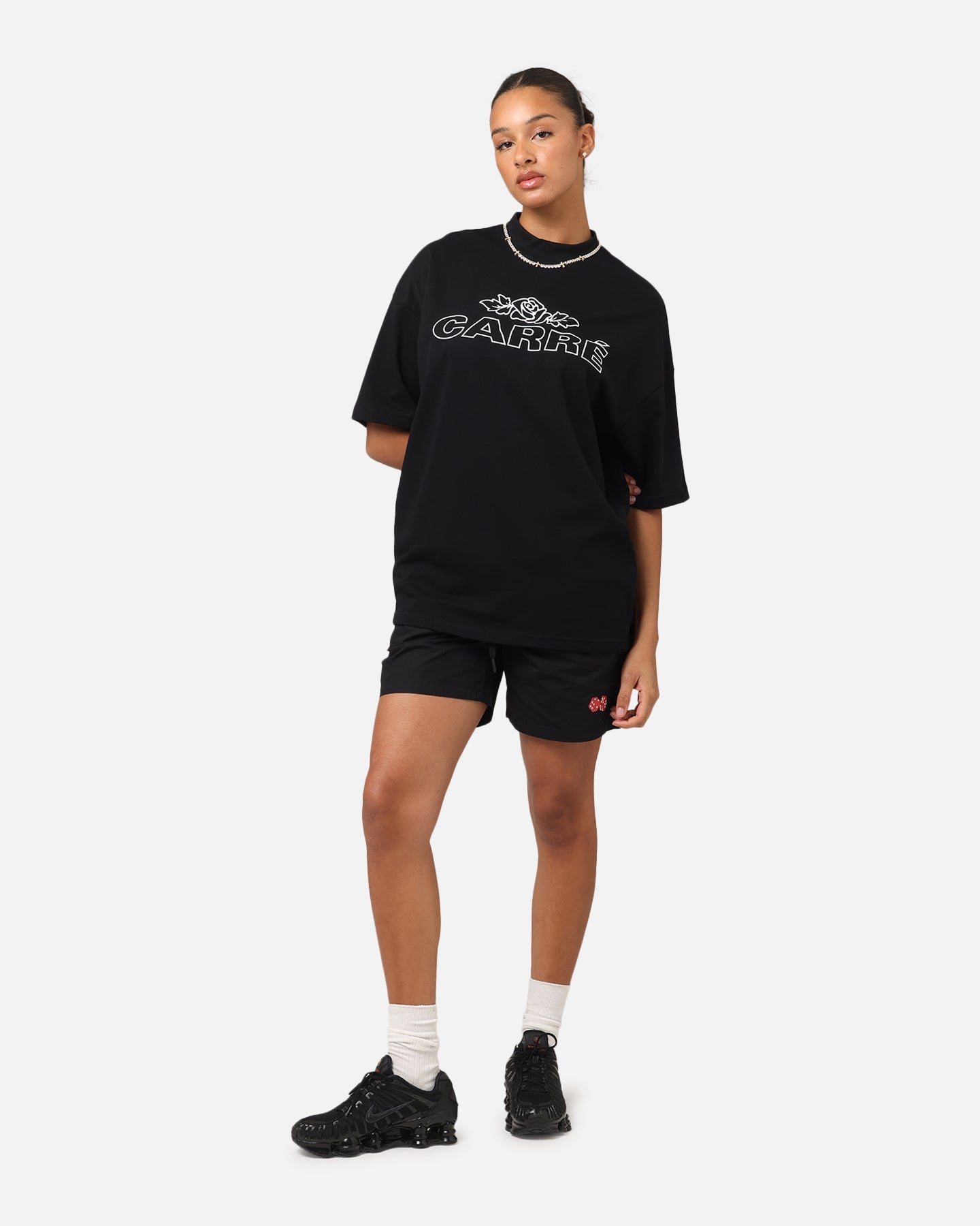Carre Rosebud Mock Neck T-Shirt Black Style001