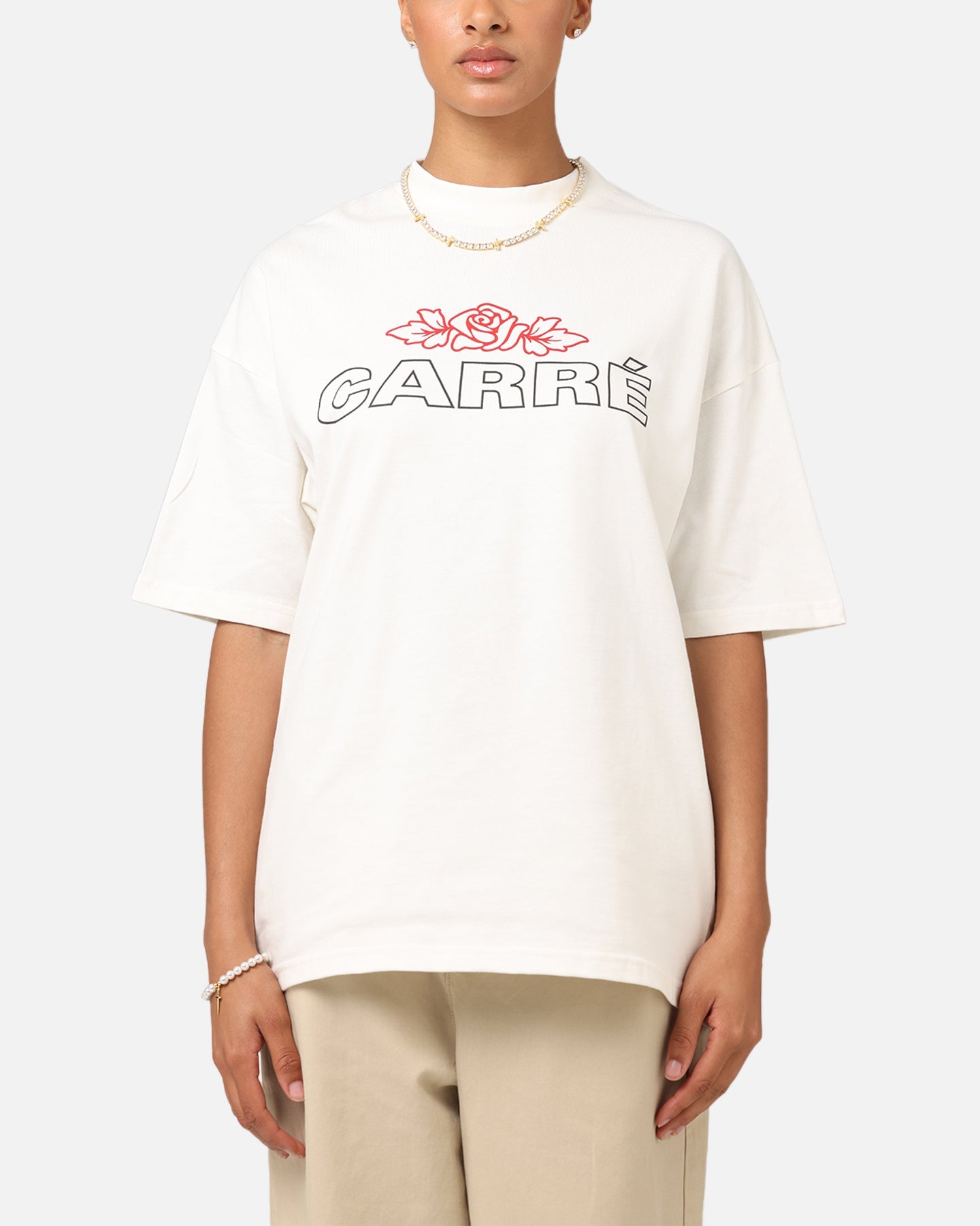 Carre Rosebud Mock Neck T-Shirt Off White Style001