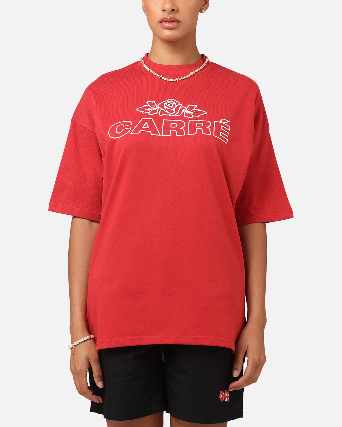 Carre Rosebud Mock Neck T-Shirt Red Style001