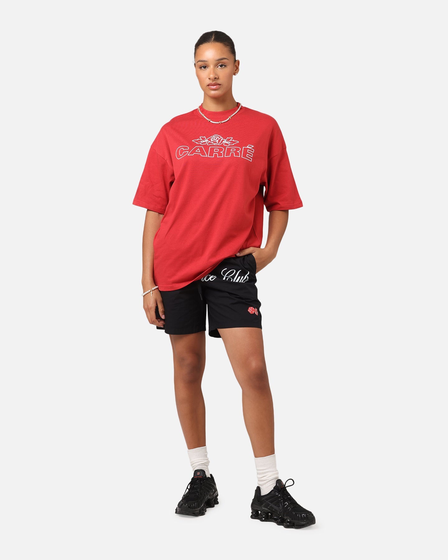 Carre Rosebud Mock Neck T-Shirt Red Style001