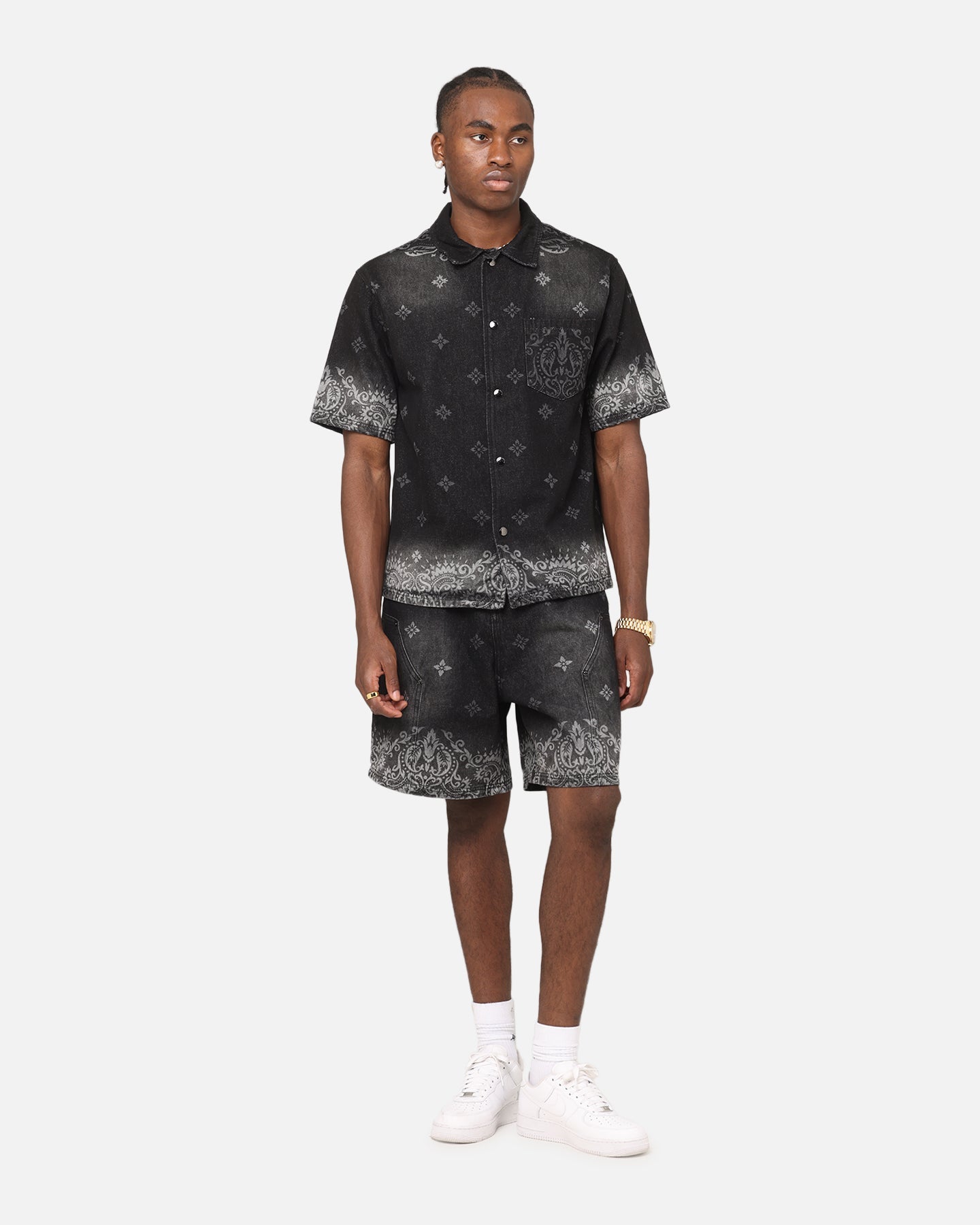 Criminal Damage Laser Print Denim Button Up Shirt Washed Black
